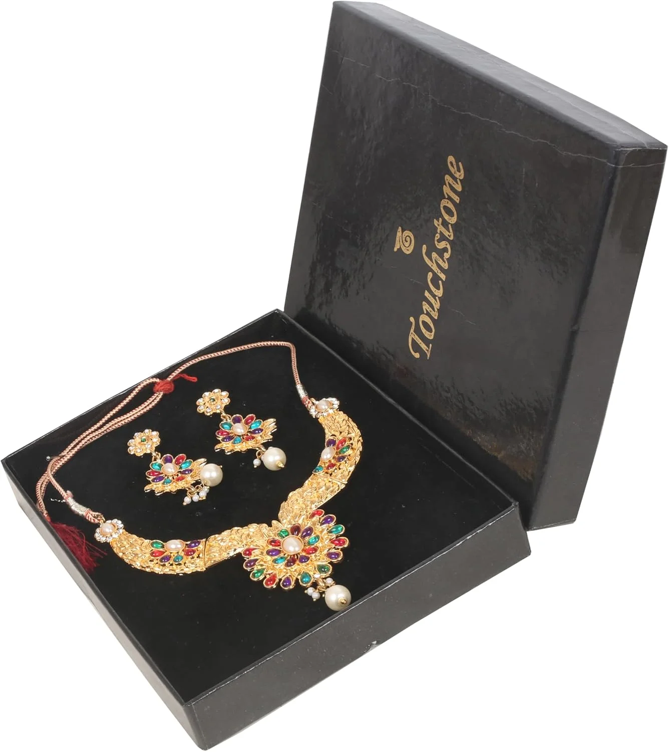 تاچ استون، ست گردنبند مجلسی زنانه با طرح گل و نگین های رنگارنگ، مناسب عروسی و مهمانی، با روکش طلایی تاچ استون، ست گردنبند مجلسی زنانه با طرح گل و نگین های رنگارنگ، مناسب عروسی و مهمانی، با روکش طلایی