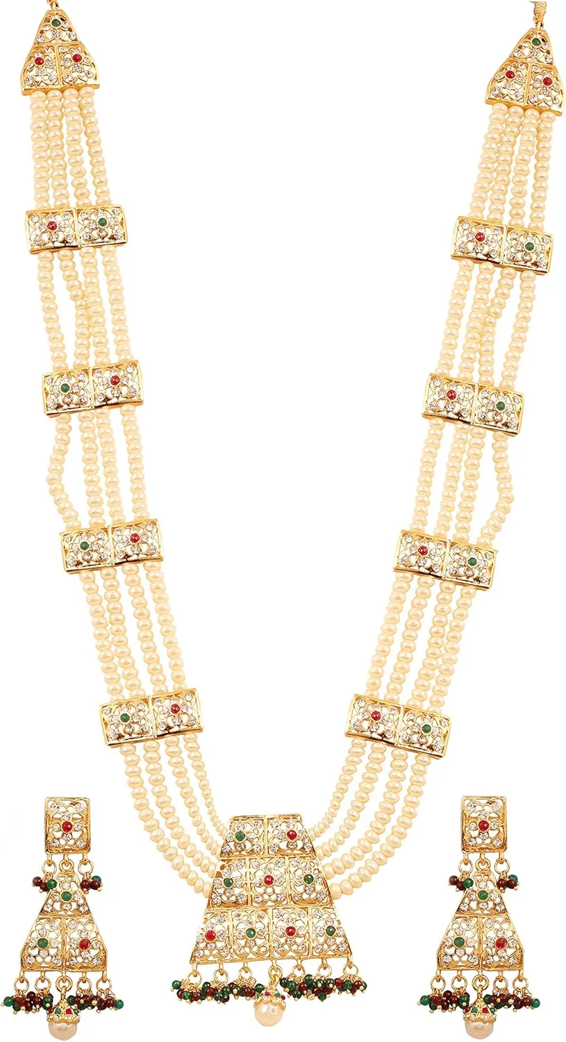 تاچ استون "مجموعه Mughal Jali" گردنبند و چوکر عروسی رانی هار با مروارید مصنوعی/یاقوت قرمز با رنگ طلایی برای زنان تاچ استون "مجموعه Mughal Jali" گردنبند و چوکر عروسی رانی هار با مروارید مصنوعی/یاقوت قرمز با رنگ طلایی برای زنان