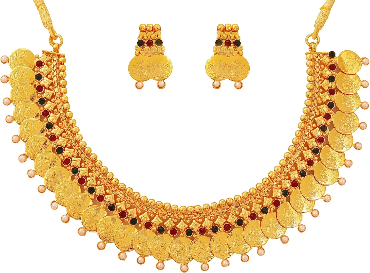 ست گردنبند طرح الهه لاکشمی با سنگ های سبز و قرمز و مروارید مصنوعی، طراحی الهام گرفته از معبد، مناسب بانوان - با روکش طلایی ست گردنبند طرح الهه لاکشمی با سنگ های سبز و قرمز و مروارید مصنوعی، طراحی الهام گرفته از معبد، مناسب بانوان - با روکش طلایی