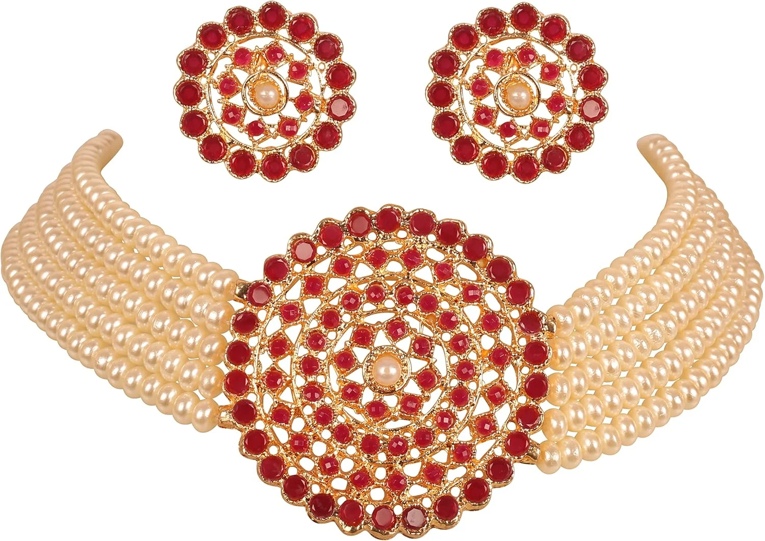 ست گردنبند چوکر مجلسی با طراحی بزرگ، نگین های یاقوت مصنوعی، مروارید های مصنوعی و روکش طلایی مناسب بانوان ست گردنبند چوکر مجلسی با طراحی بزرگ، نگین های یاقوت مصنوعی، مروارید های مصنوعی و روکش طلایی مناسب بانوان