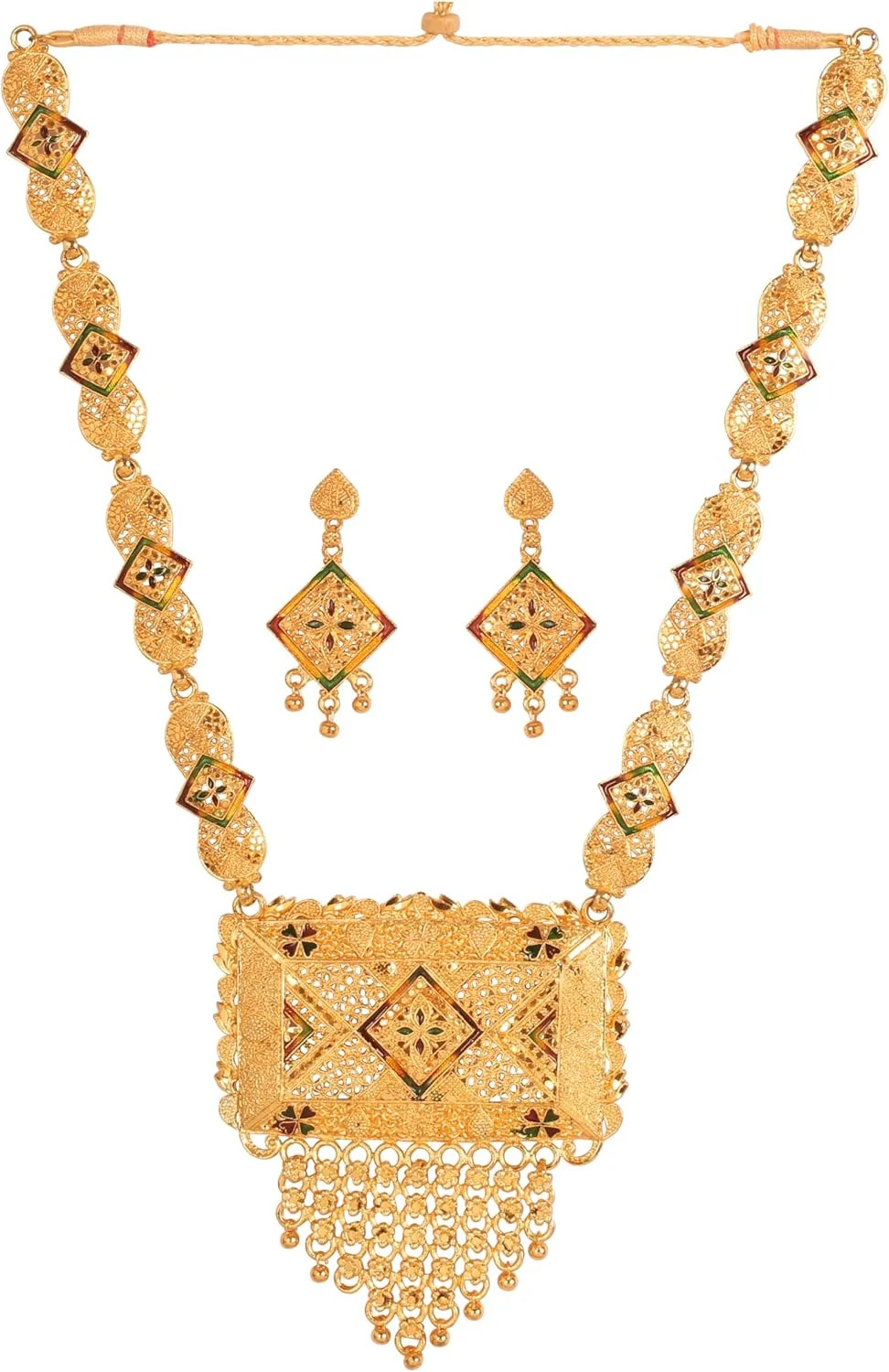 ست گردنبند بلند مجلسی زنانه با طرح گل و بوته، میناکاری شده، با الهام از جواهرات دست ساز هندی بالیوودی، طلایی عتیقه ست گردنبند بلند مجلسی زنانه با طرح گل و بوته، میناکاری شده، با الهام از جواهرات دست ساز هندی بالیوودی، طلایی عتیقه