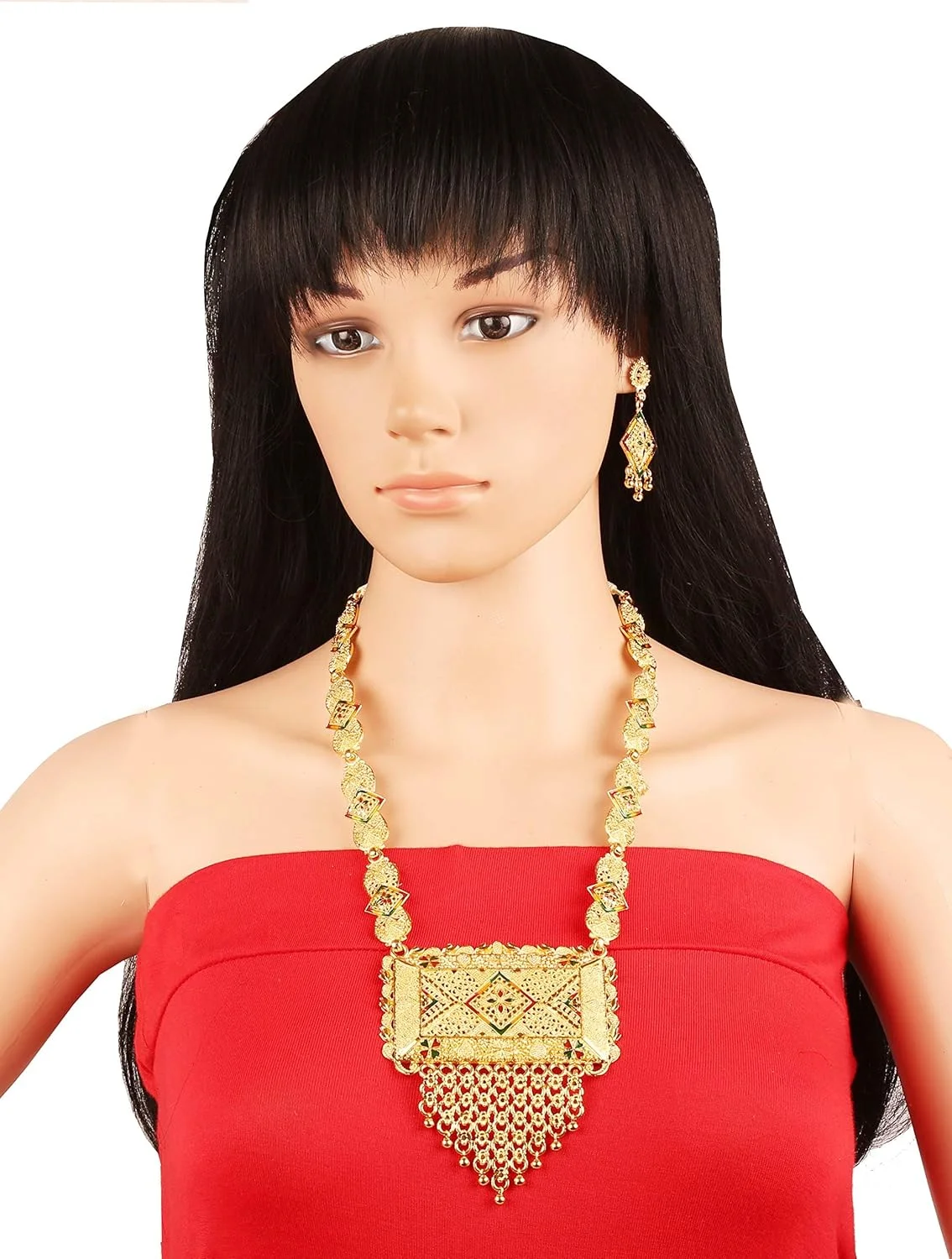 ست گردنبند بلند مجلسی زنانه با طرح گل و بوته، میناکاری شده، با الهام از جواهرات دست ساز هندی بالیوودی، طلایی عتیقه ست گردنبند بلند مجلسی زنانه با طرح گل و بوته، میناکاری شده، با الهام از جواهرات دست ساز هندی بالیوودی، طلایی عتیقه