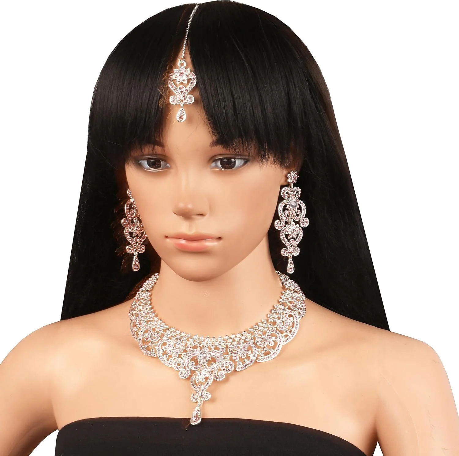 تاچ استون ست گردنبند و مانگتیکا طرح پرنسس دیانا، نگین دار، طرح الماس، سنگ های بدلی سفید و کوارتز گل رز صورتی، زیورآلات طراح هندی بالیوودی، رنگ نقره ای، مناسب بانوان تاچ استون ست گردنبند و مانگتیکا طرح پرنسس دیانا، نگین دار، طرح الماس، سنگ های بدلی سفید و کوارتز گل رز صورتی، زیورآلات طراح هندی بالیوودی، رنگ نقره ای، مناسب بانوان