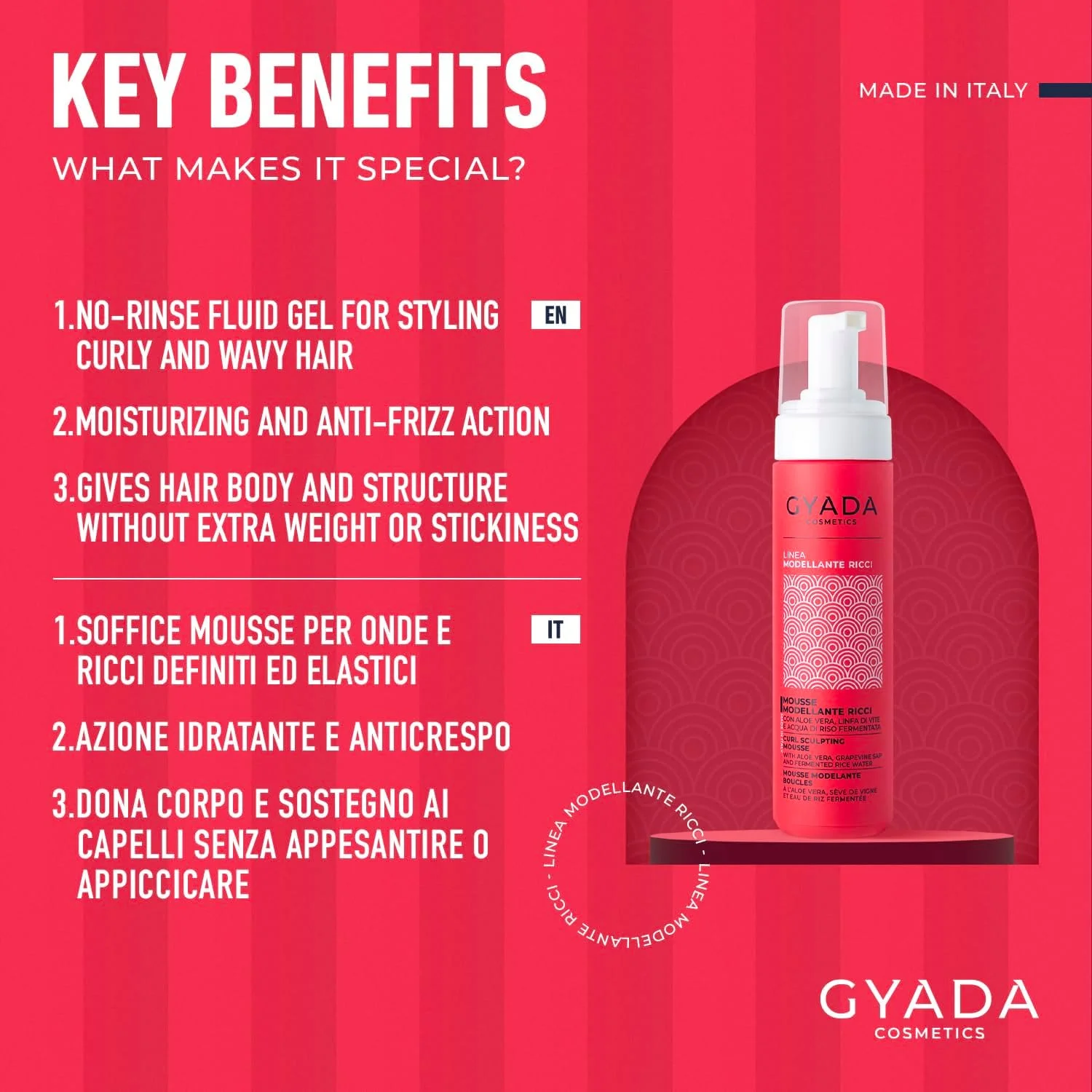 موس حالت دهنده موی فر جیادا کازمتیکس، صاف کننده و الاستیک بر پایه عصاره انگور و آب آلوئه ورا 200 میلی لیتر