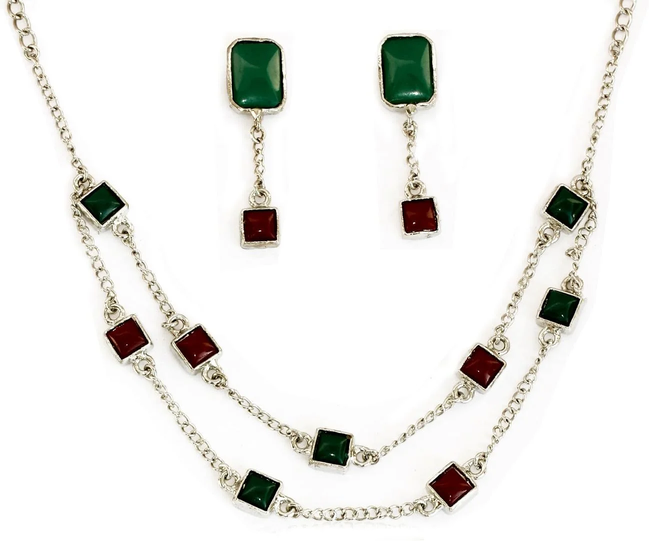 ست گردنبند و گوشواره زنانه تاچ استون با سنگ های سبز و زرشکی ست گردنبند و گوشواره زنانه تاچ استون با سنگ های سبز و زرشکی