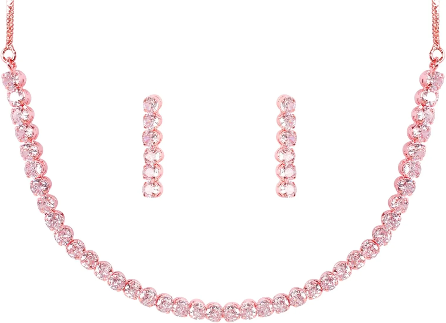 گردنبند و گوشواره زنانه تاچ استون با روکش رزگلد، طرح الماس، برش گرد، زیرکونیا، زنجیر ضخیم، جواهرات طراح. گردنبند و گوشواره زنانه تاچ استون با روکش رزگلد، طرح الماس، برش گرد، زیرکونیا، زنجیر ضخیم، جواهرات طراح.