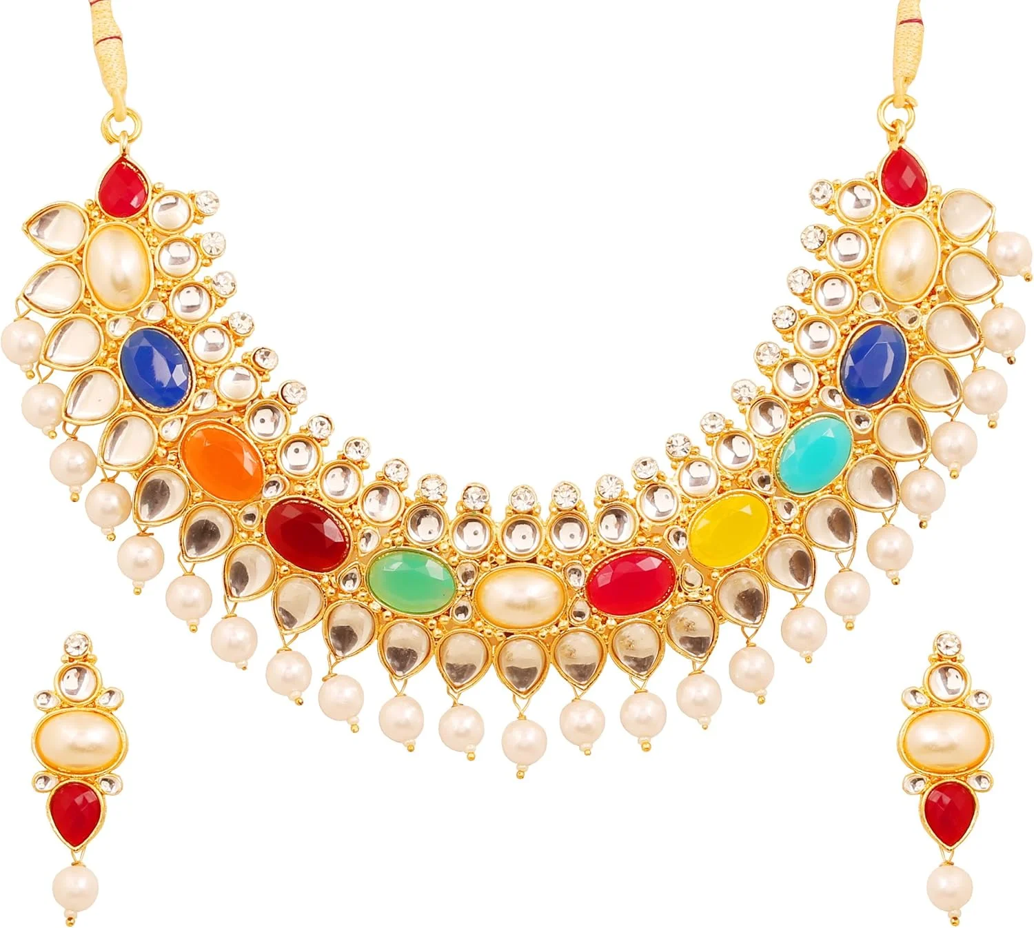 ست گردنبند جواهرات ناوراتان با ظاهر Kundan، طرح هالیوودی و طلایی رنگ تاچ استون، مناسب بانوان ست گردنبند جواهرات ناوراتان با ظاهر Kundan، طرح هالیوودی و طلایی رنگ تاچ استون، مناسب بانوان