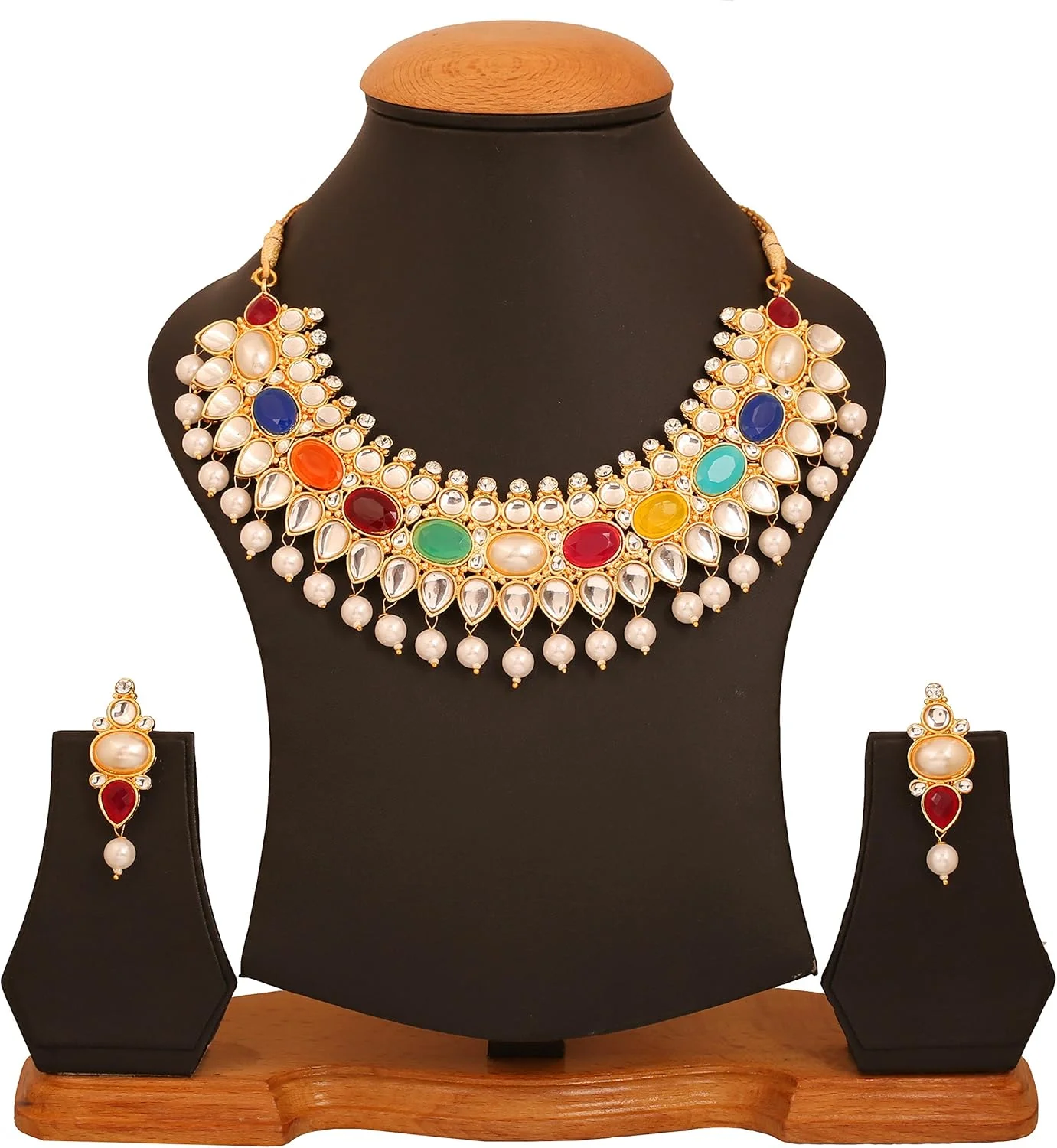 ست گردنبند جواهرات ناوراتان با ظاهر Kundan، طرح هالیوودی و طلایی رنگ تاچ استون، مناسب بانوان ست گردنبند جواهرات ناوراتان با ظاهر Kundan، طرح هالیوودی و طلایی رنگ تاچ استون، مناسب بانوان