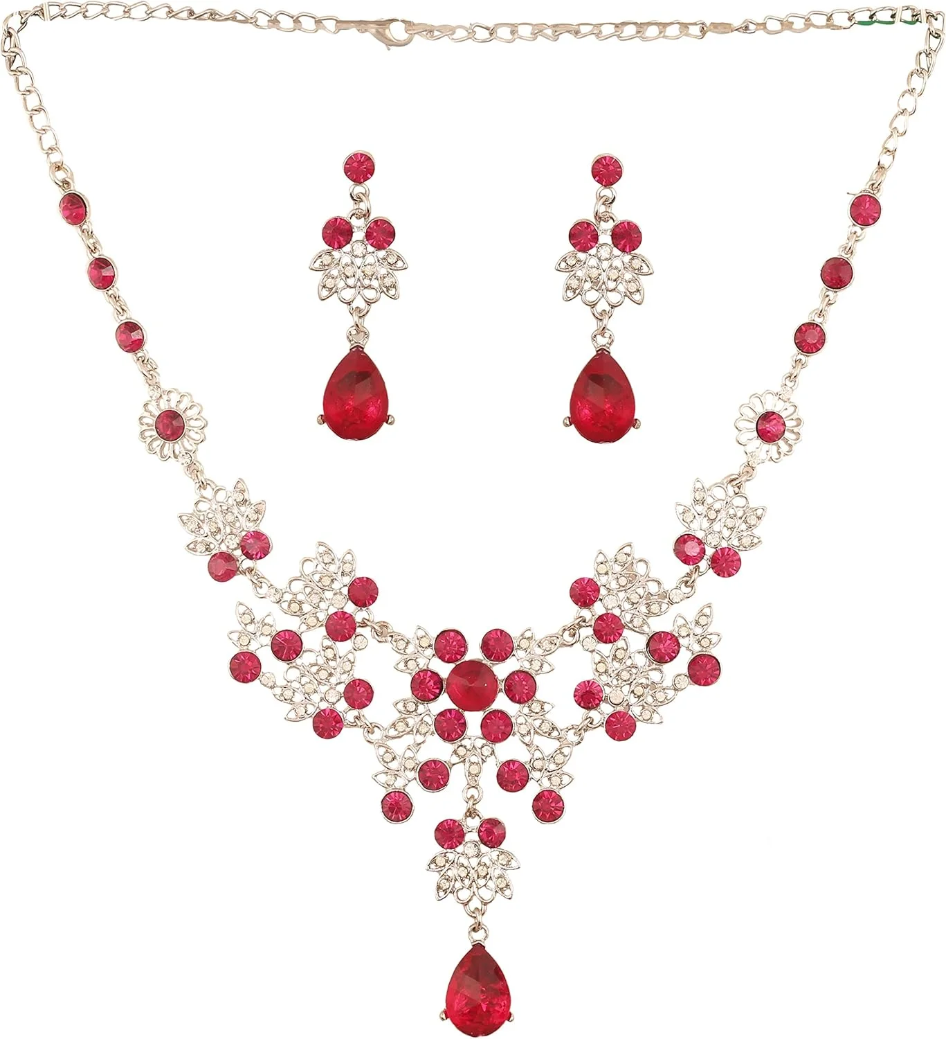 ست گردنبند زنانه تاچ استون با روکش رودیوم، طرح گل و نگین های قرمز ست گردنبند زنانه تاچ استون با روکش رودیوم، طرح گل و نگین های قرمز