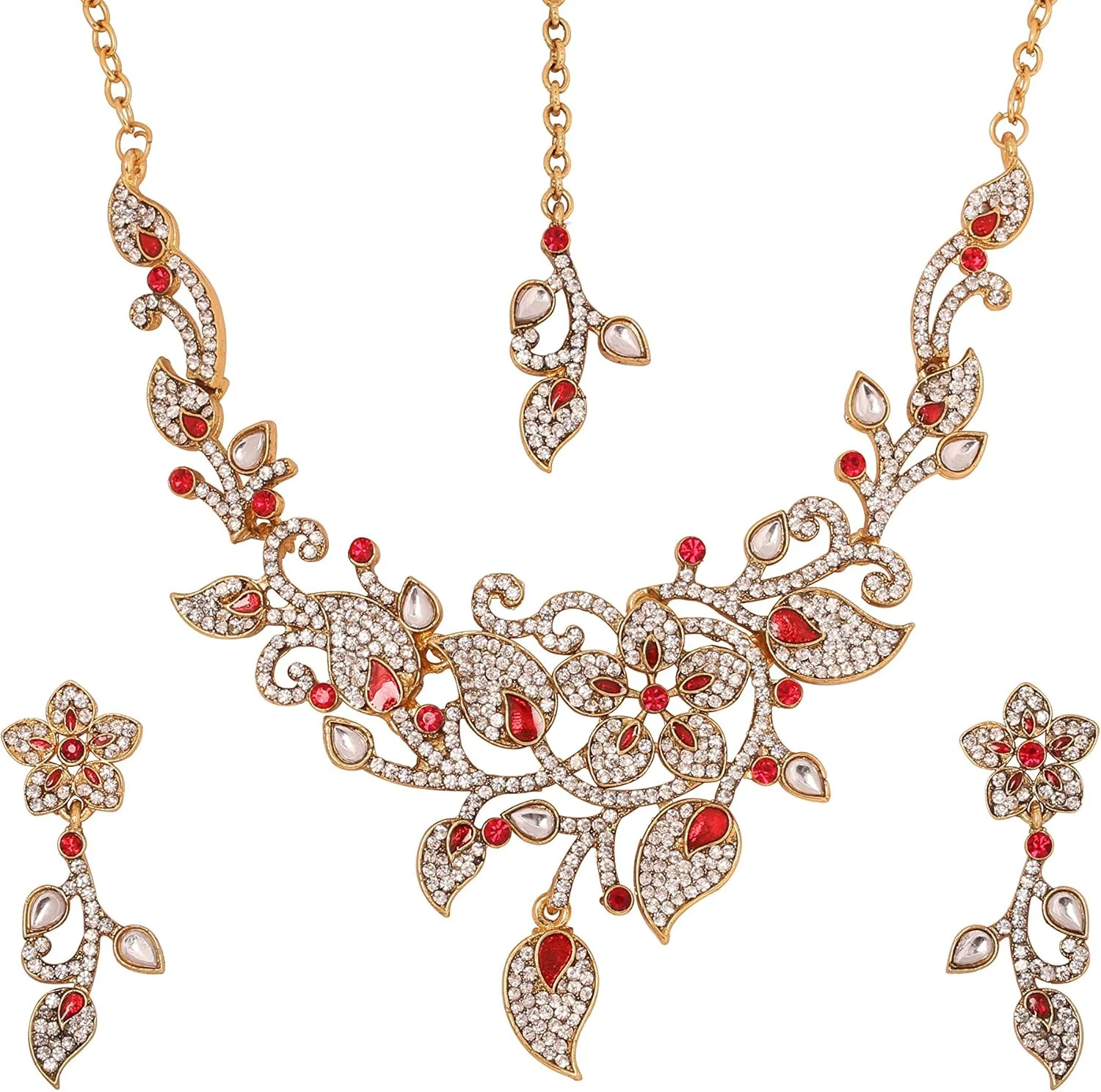 گردنبند مجلسی زنانه تاچ استون با طرح بوته جقه و کریستال، طلایی عتیقه گردنبند مجلسی زنانه تاچ استون با طرح بوته جقه و کریستال، طلایی عتیقه