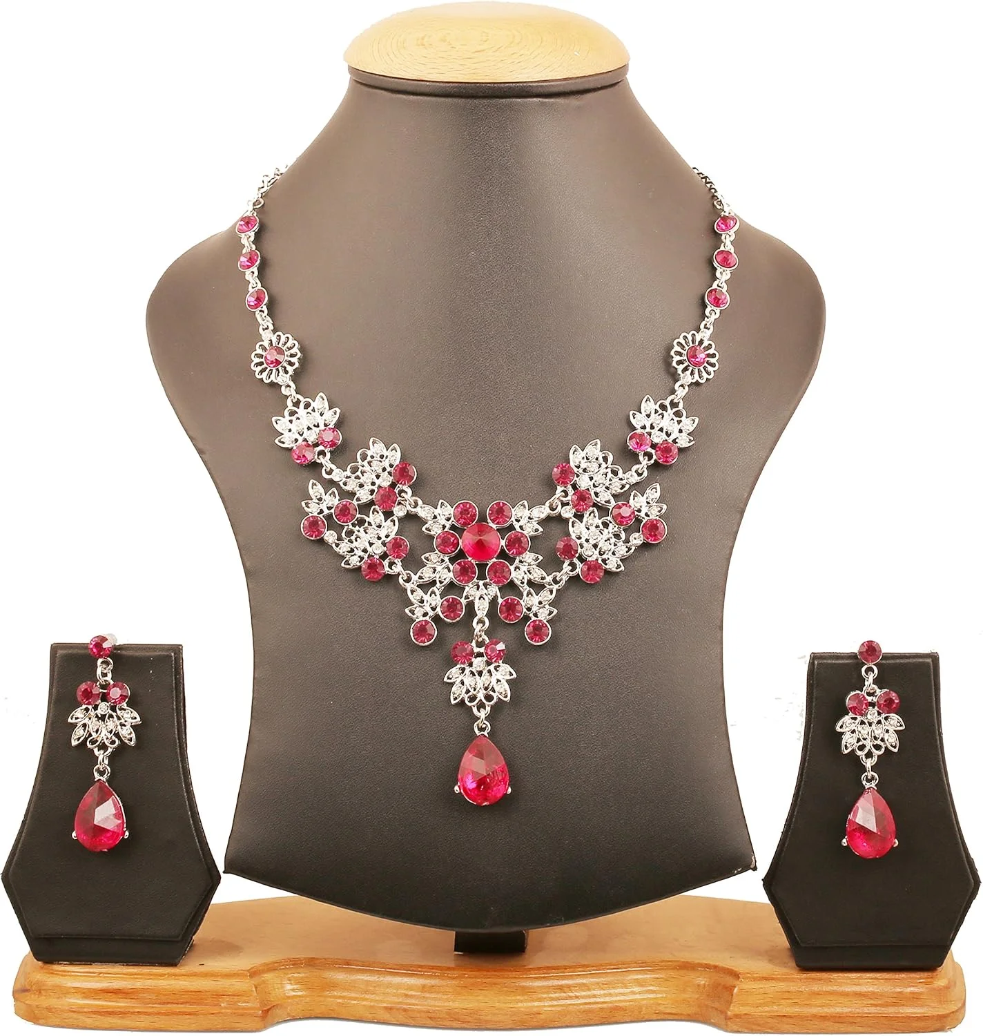 ست گردنبند زنانه تاچ استون با روکش رودیوم، طرح گل و نگین های قرمز ست گردنبند زنانه تاچ استون با روکش رودیوم، طرح گل و نگین های قرمز