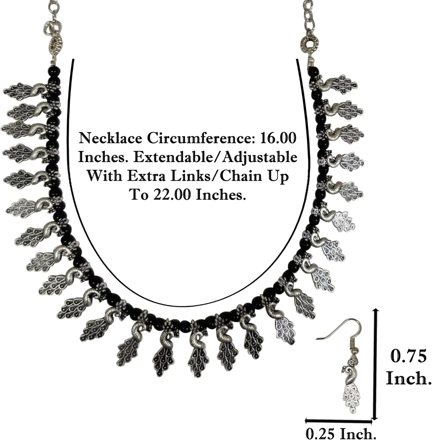 دست ساز هندی با طرح طاووس، مجموعه جواهرات "آبکاری شده"، کار شده با مهره های مشکی، طرح زیورآلات گردنبند زنانه با رنگ نقره ای اکسید شده.