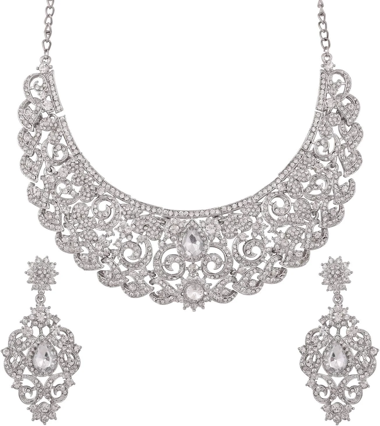 ست گردنبند مجلسی زنانه تاچ استون با طرح بته جقه و نگین های سفید درخشان، طراحی شیک و مجلل مناسب عروس، رنگ نقره ای ست گردنبند مجلسی زنانه تاچ استون با طرح بته جقه و نگین های سفید درخشان، طراحی شیک و مجلل مناسب عروس، رنگ نقره ای