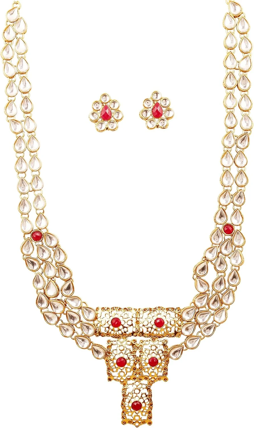 تاچ استون "مجموعه جالی مغول" جواهرات مجلل و افسانهای بالیوودی الهام گرفته از دوره باشکوه مغول، شامل سنگ های کندان پولکی و یاقوت مصنوعی، ست گردنبند بلند رانی هار، طراحی شده برای عروس، با رنگ طلایی عتیقه، مخصوص بانوان. تاچ استون "مجموعه جالی مغول" جواهرات مجلل و افسانهای بالیوودی الهام گرفته از دوره باشکوه مغول، شامل سنگ های کندان پولکی و یاقوت مصنوعی، ست گردنبند بلند رانی هار، طراحی شده برای عروس، با رنگ طلایی عتیقه، مخصوص بانوان.