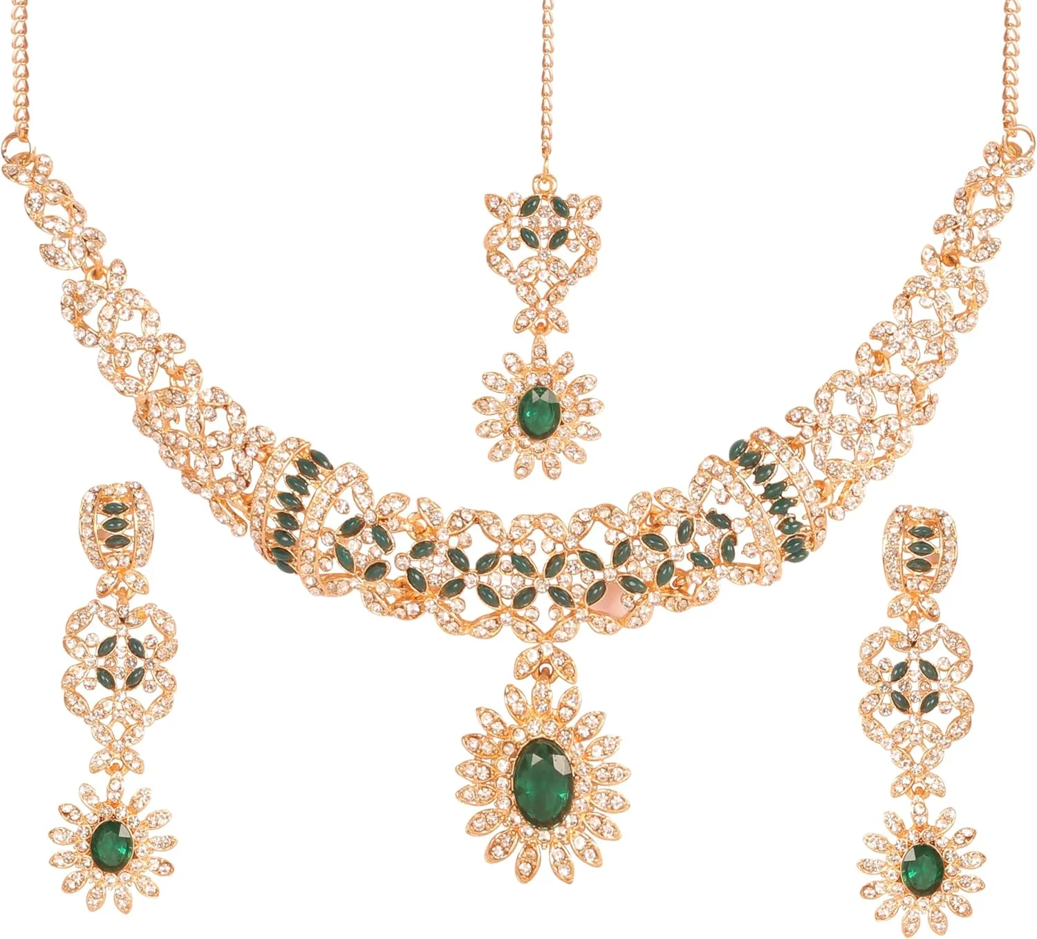 ست جواهرات هندی تاچ استون زنانه، گردنبند طلایی کوندان، گوشواره های سنتی، تیکا، سبک بالیوودی، کریستال سفید، هدیه مهمان، لباس عروس، لوازم جانبی ظریف