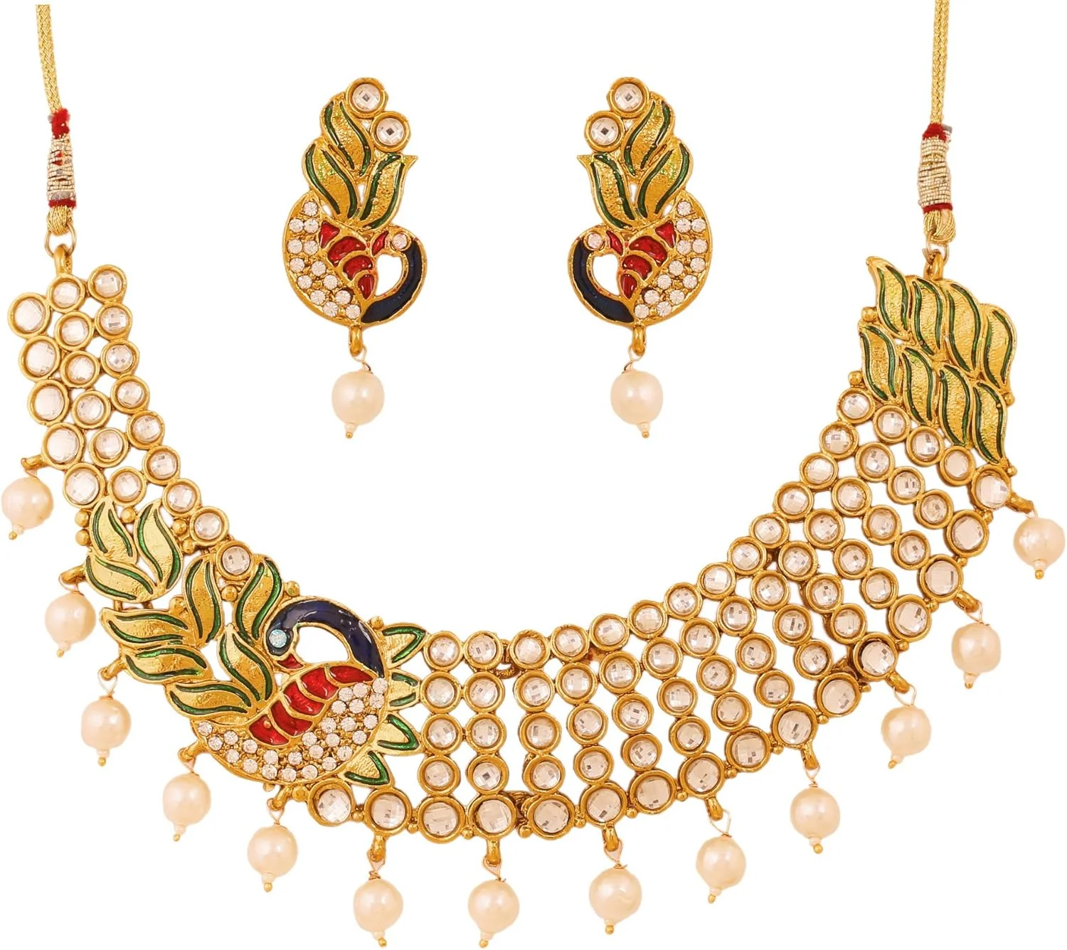 گردنبند مجلسی هندی تاچ استون با طرح کندن و میناکاری با تم طاووس، طلایی عتیقه گردنبند مجلسی هندی تاچ استون با طرح کندن و میناکاری با تم طاووس، طلایی عتیقه