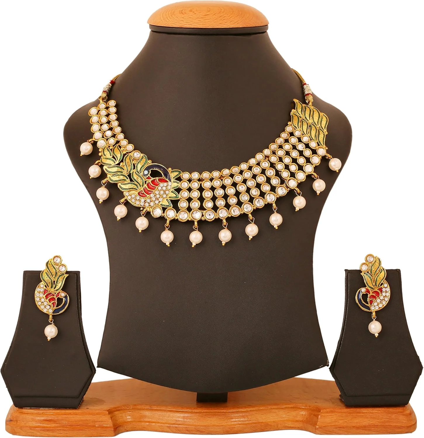 گردنبند مجلسی هندی تاچ استون با طرح کندن و میناکاری با تم طاووس، طلایی عتیقه گردنبند مجلسی هندی تاچ استون با طرح کندن و میناکاری با تم طاووس، طلایی عتیقه