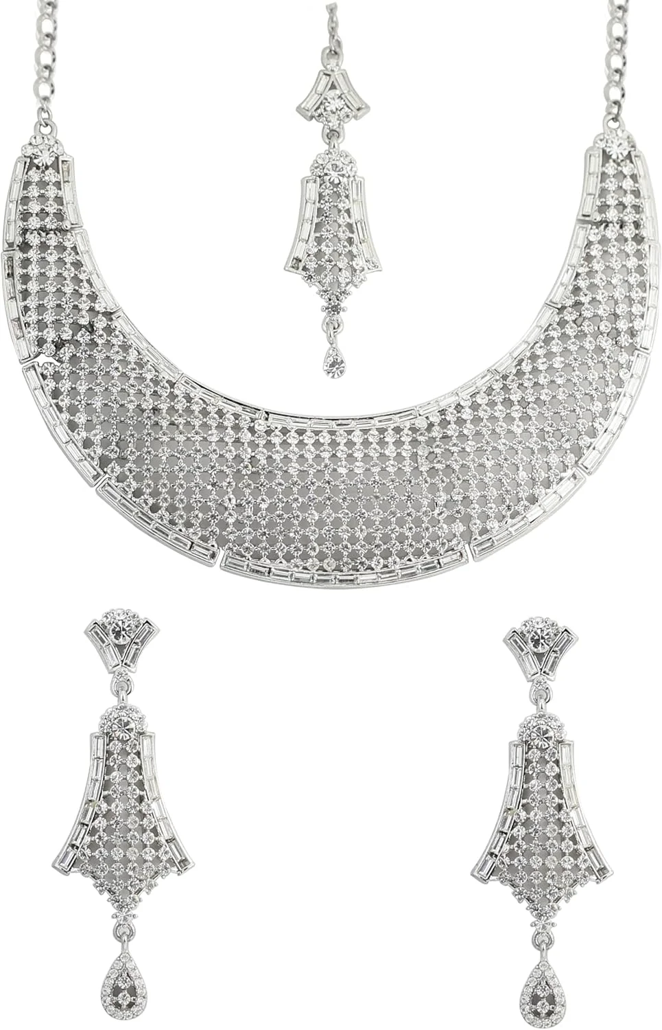 تاچ استون ست جواهرات طرح هندی بالیوودی شامل گردنبند، گوشواره و مانگتیکا با نگین های سفید درخشان، کار دست، مناسب بانوان تاچ استون ست جواهرات طرح هندی بالیوودی شامل گردنبند، گوشواره و مانگتیکا با نگین های سفید درخشان، کار دست، مناسب بانوان