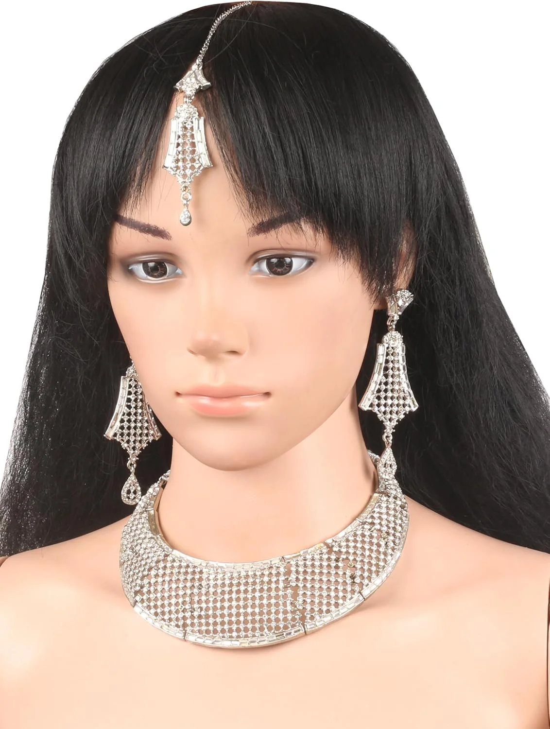 تاچ استون ست جواهرات طرح هندی بالیوودی شامل گردنبند، گوشواره و مانگتیکا با نگین های سفید درخشان، کار دست، مناسب بانوان تاچ استون ست جواهرات طرح هندی بالیوودی شامل گردنبند، گوشواره و مانگتیکا با نگین های سفید درخشان، کار دست، مناسب بانوان