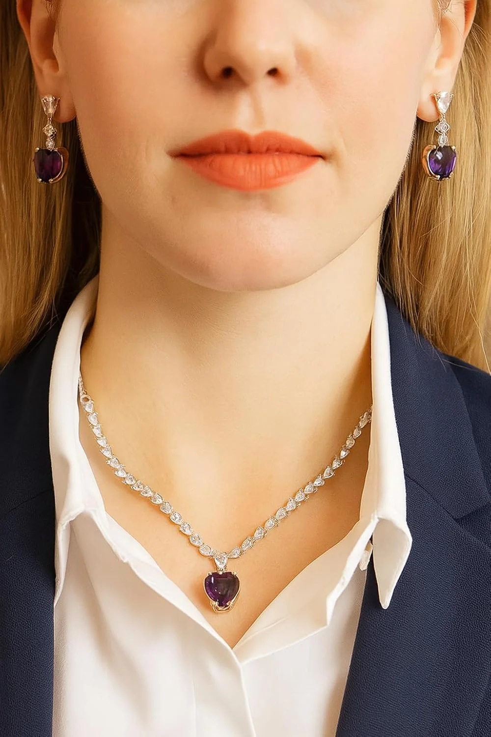 تاچ استون گردنبند جواهری طرح الماس، طرح گلابی و قلب، نگین زیرکونیا، روکش رودیوم، مناسب بانوان