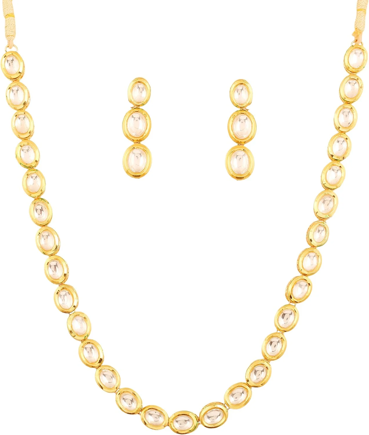 تاچ استون، ست گردنبند طرح کلاسیک هندی، مدل بیکانری کندان پولکی، با طراحی نفیس میناکاری شده در پشت، طرح باریک تک خطی، زیورآلات طراح، با رنگ طلایی برای بانوان. تاچ استون، ست گردنبند طرح کلاسیک هندی، مدل بیکانری کندان پولکی، با طراحی نفیس میناکاری شده در پشت، طرح باریک تک خطی، زیورآلات طراح، با رنگ طلایی برای بانوان.