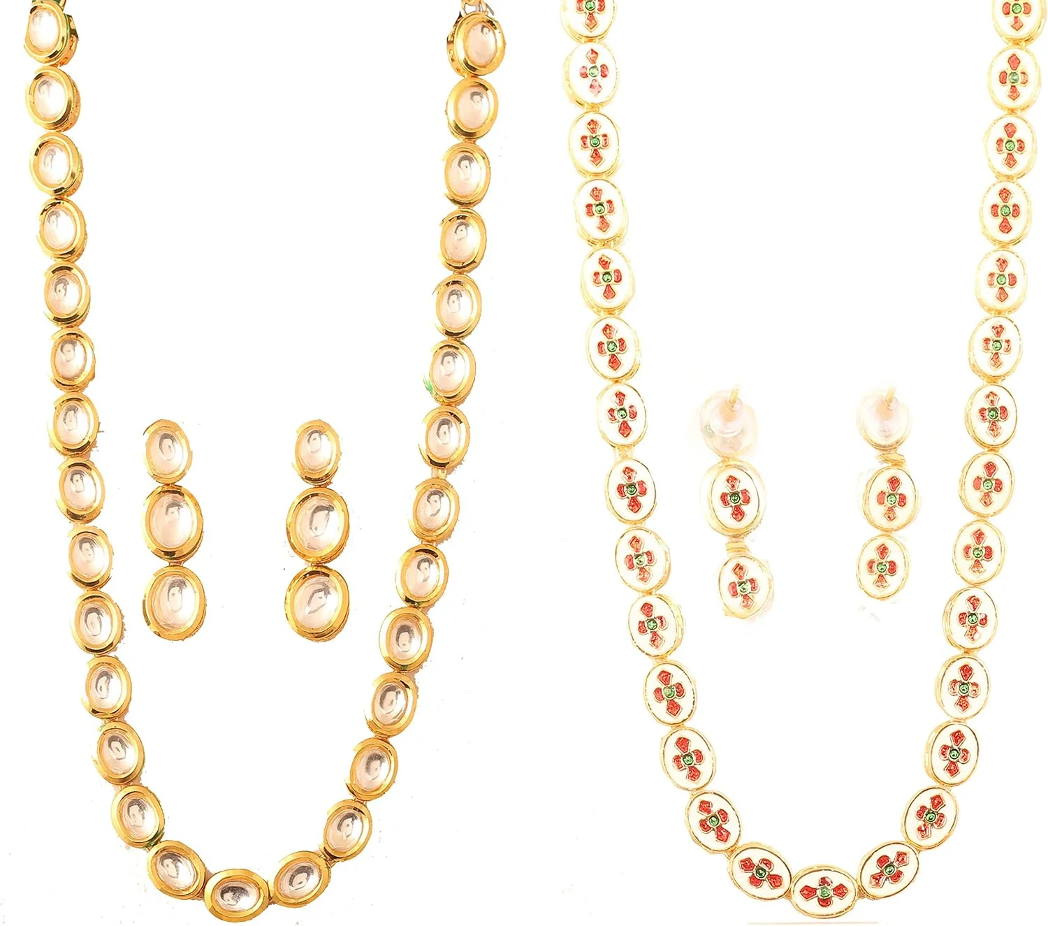 تاچ استون، ست گردنبند طرح کلاسیک هندی، مدل بیکانری کندان پولکی، با طراحی نفیس میناکاری شده در پشت، طرح باریک تک خطی، زیورآلات طراح، با رنگ طلایی برای بانوان. تاچ استون، ست گردنبند طرح کلاسیک هندی، مدل بیکانری کندان پولکی، با طراحی نفیس میناکاری شده در پشت، طرح باریک تک خطی، زیورآلات طراح، با رنگ طلایی برای بانوان.