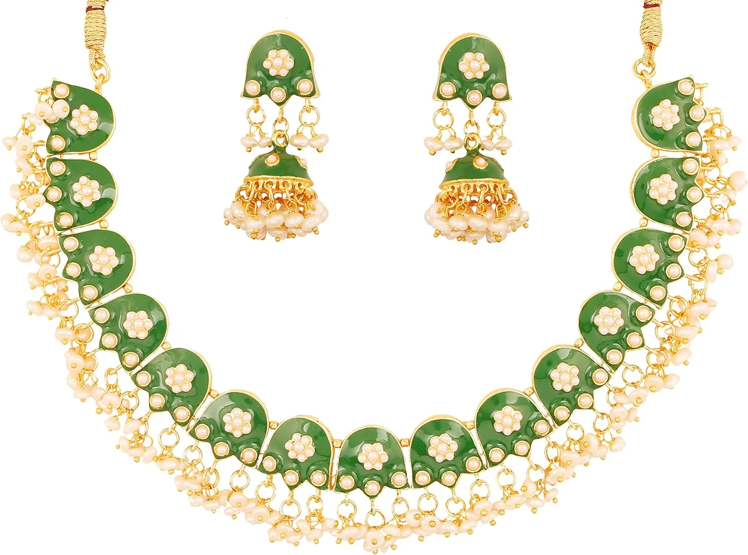 تاچ استون "مجموعه رویال مینا" گردنبند جواهرات سبک بالیوود موغال کندان جیپور میناکاری سبز با آویز مروارید مصنوعی زیبا برای زنان با رنگ طلایی تاچ استون "مجموعه رویال مینا" گردنبند جواهرات سبک بالیوود موغال کندان جیپور میناکاری سبز با آویز مروارید مصنوعی زیبا برای زنان با رنگ طلایی