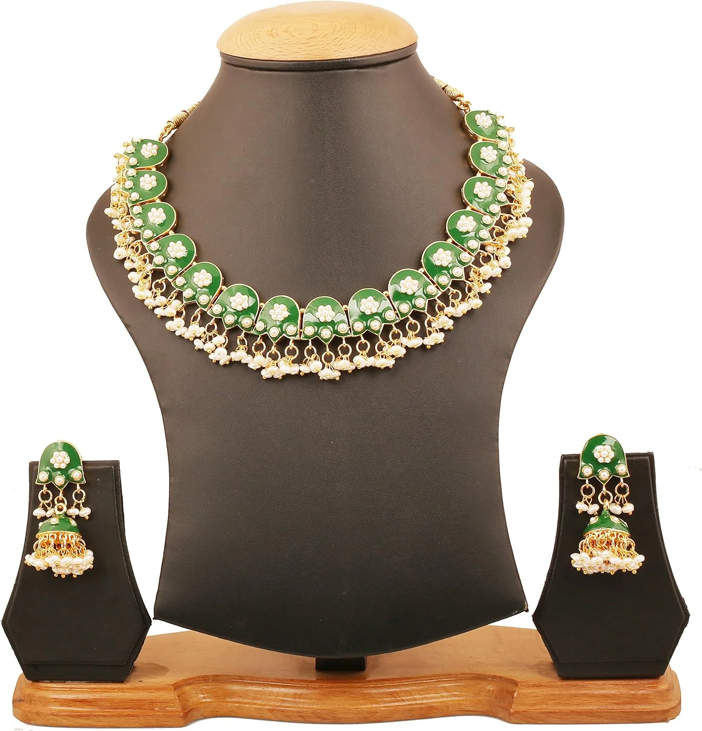 تاچ استون "مجموعه رویال مینا" گردنبند جواهرات سبک بالیوود موغال کندان جیپور میناکاری سبز با آویز مروارید مصنوعی زیبا برای زنان با رنگ طلایی تاچ استون "مجموعه رویال مینا" گردنبند جواهرات سبک بالیوود موغال کندان جیپور میناکاری سبز با آویز مروارید مصنوعی زیبا برای زنان با رنگ طلایی