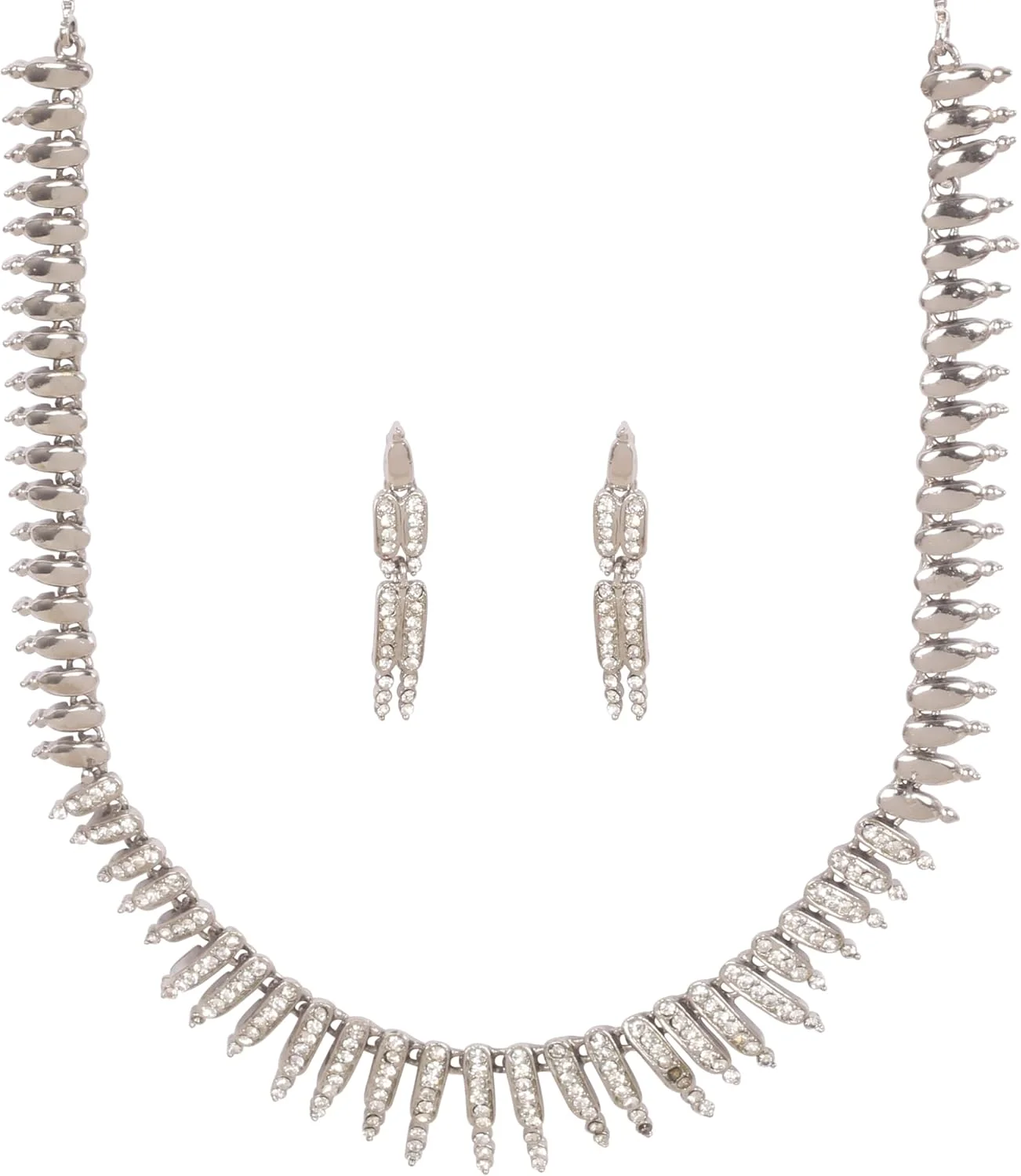 تاچ استون! ست گردنبند و جواهرات دست ساز بالیوودی با نگین های سفید درخشان و طراحی هوشمندانه با روکش نقره ای برای بانوان تاچ استون! ست گردنبند و جواهرات دست ساز بالیوودی با نگین های سفید درخشان و طراحی هوشمندانه با روکش نقره ای برای بانوان