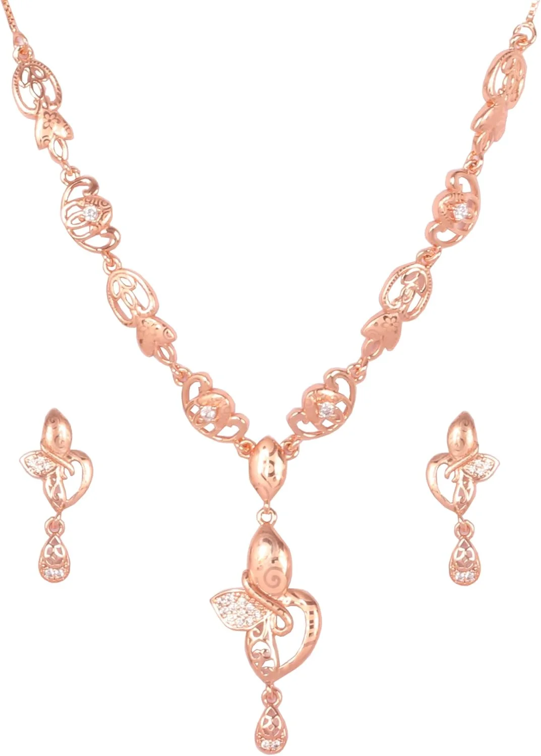 ست گردنبند و گوشواره زنانه با روکش طلای رزگلد عتیقه، نگین های اتمی گرد و زنجیر درشت، طراحی جواهرات زیبا ست گردنبند و گوشواره زنانه با روکش طلای رزگلد عتیقه، نگین های اتمی گرد و زنجیر درشت، طراحی جواهرات زیبا