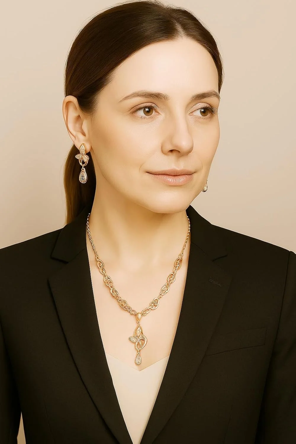 ست گردنبند و گوشواره زنانه با روکش طلای رزگلد عتیقه، نگین های اتمی گرد و زنجیر درشت، طراحی جواهرات زیبا ست گردنبند و گوشواره زنانه با روکش طلای رزگلد عتیقه، نگین های اتمی گرد و زنجیر درشت، طراحی جواهرات زیبا