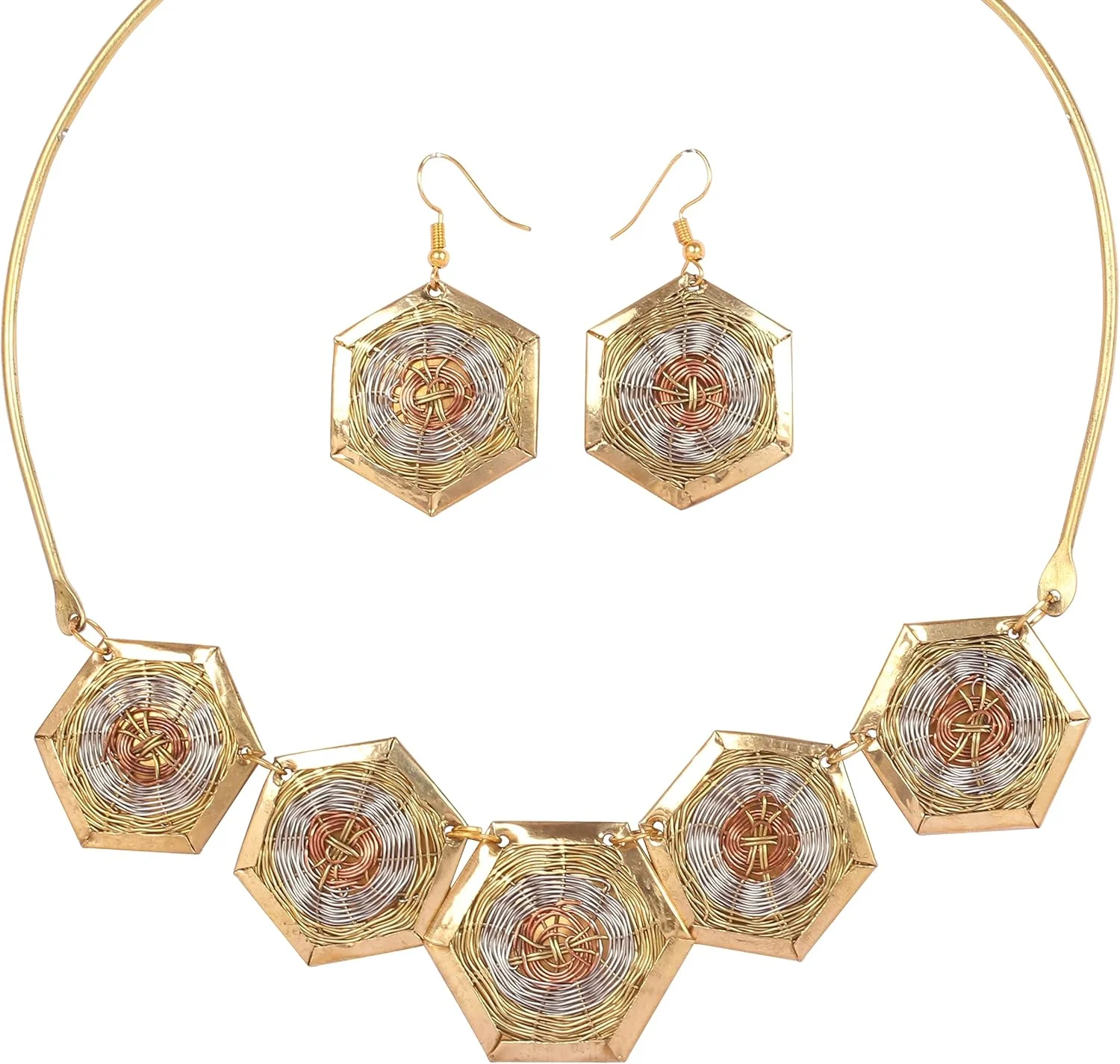 تاچ استون، ست گردنبند و جواهرات طرح بافت سبدی جذاب و دست ساز، با سیم های هم مرکز و طرح شش ضلعی، با رنگ های طلایی، نقره ای و مسی برای بانوان تاچ استون، ست گردنبند و جواهرات طرح بافت سبدی جذاب و دست ساز، با سیم های هم مرکز و طرح شش ضلعی، با رنگ های طلایی، نقره ای و مسی برای بانوان