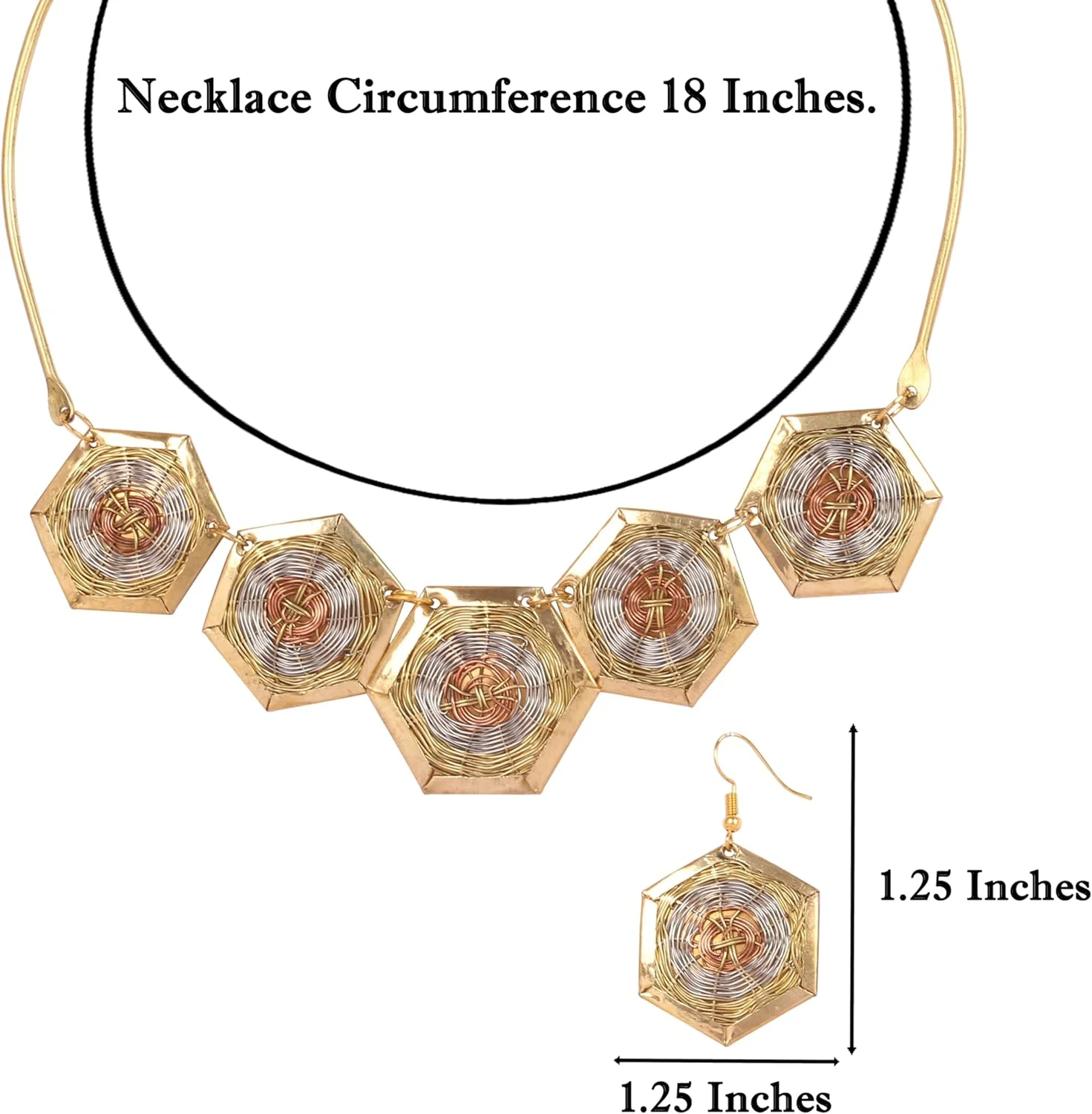 تاچ استون، ست گردنبند و جواهرات طرح بافت سبدی جذاب و دست ساز، با سیم های هم مرکز و طرح شش ضلعی، با رنگ های طلایی، نقره ای و مسی برای بانوان تاچ استون، ست گردنبند و جواهرات طرح بافت سبدی جذاب و دست ساز، با سیم های هم مرکز و طرح شش ضلعی، با رنگ های طلایی، نقره ای و مسی برای بانوان