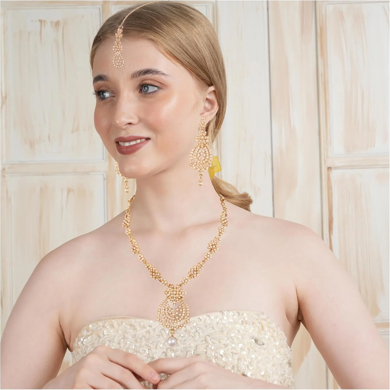 ست گردنبند جواهرات طرح هندی بالیوود تاچ استون با مروارید مصنوعی و طراحی شیک، رنگ طلایی عتیقه، مناسب بانوان ست گردنبند جواهرات طرح هندی بالیوود تاچ استون با مروارید مصنوعی و طراحی شیک، رنگ طلایی عتیقه، مناسب بانوان