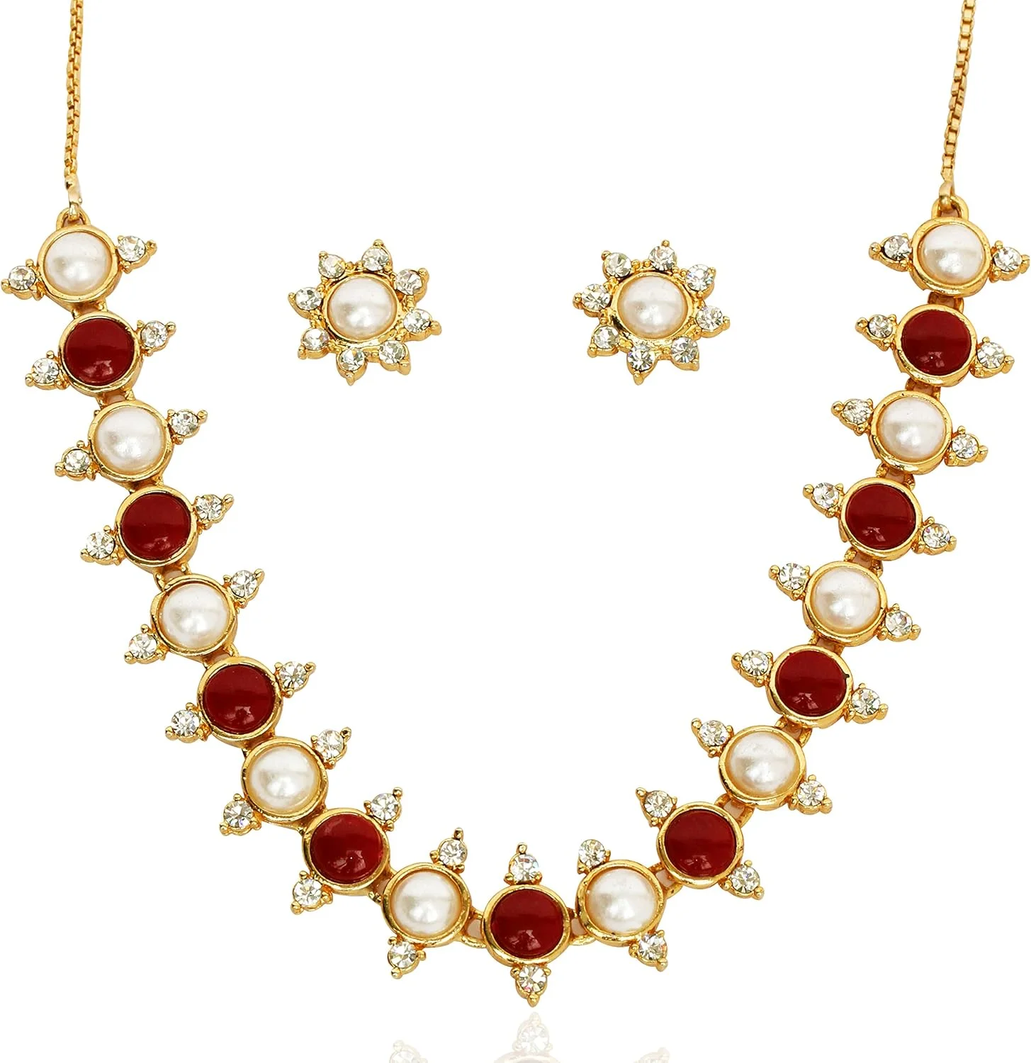 ست گردنبند و جواهرات مجلسی با طرح گل و بوته بالیوودی طلایی رنگ با یاقوت مصنوعی سفید و بدلیجات تاچ استون ست گردنبند و جواهرات مجلسی با طرح گل و بوته بالیوودی طلایی رنگ با یاقوت مصنوعی سفید و بدلیجات تاچ استون