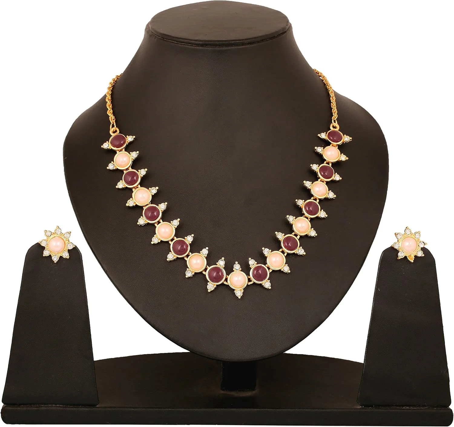 ست گردنبند و جواهرات مجلسی با طرح گل و بوته بالیوودی طلایی رنگ با یاقوت مصنوعی سفید و بدلیجات تاچ استون ست گردنبند و جواهرات مجلسی با طرح گل و بوته بالیوودی طلایی رنگ با یاقوت مصنوعی سفید و بدلیجات تاچ استون