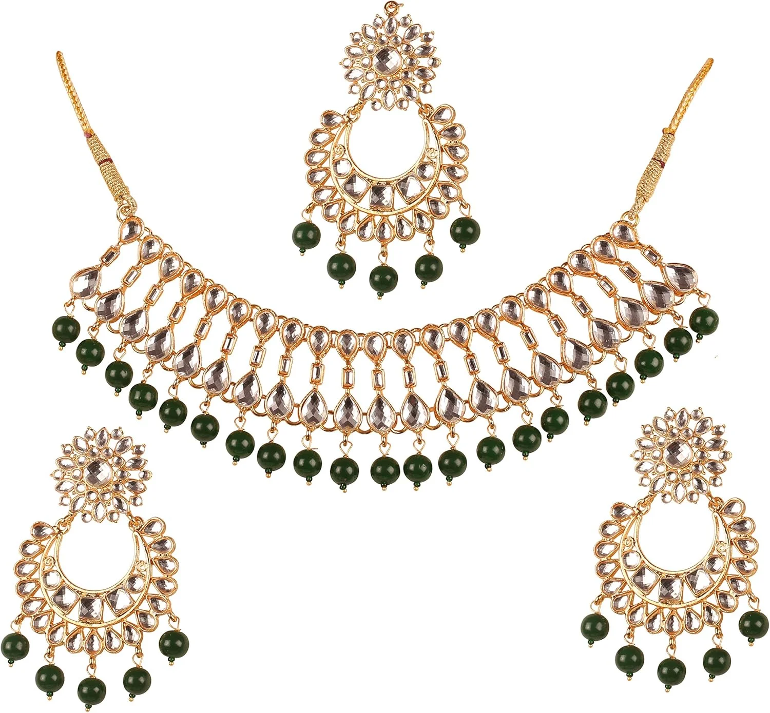ست گردنبند مجلسی زنانه با طراحی الهام گرفته از جواهرات سلطنتی هندی، مزین به سنگ های سبز اونیکس مصنوعی و روکش طلایی ست گردنبند مجلسی زنانه با طراحی الهام گرفته از جواهرات سلطنتی هندی، مزین به سنگ های سبز اونیکس مصنوعی و روکش طلایی