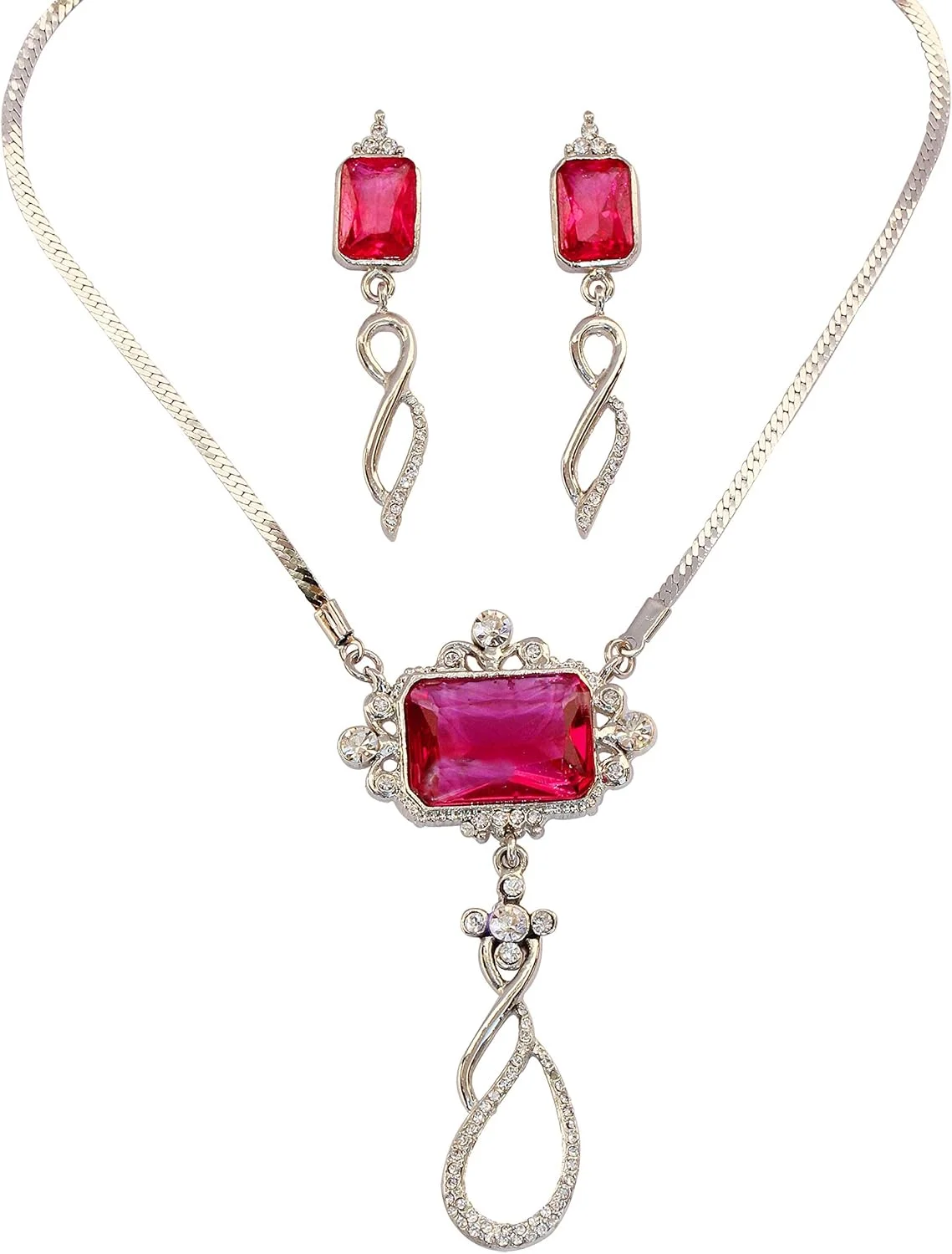 ست گردنبند و گوشواره زنانه تاچ استون با سنگ شیشه ای صورتی و طرح آویز ست گردنبند و گوشواره زنانه تاچ استون با سنگ شیشه ای صورتی و طرح آویز