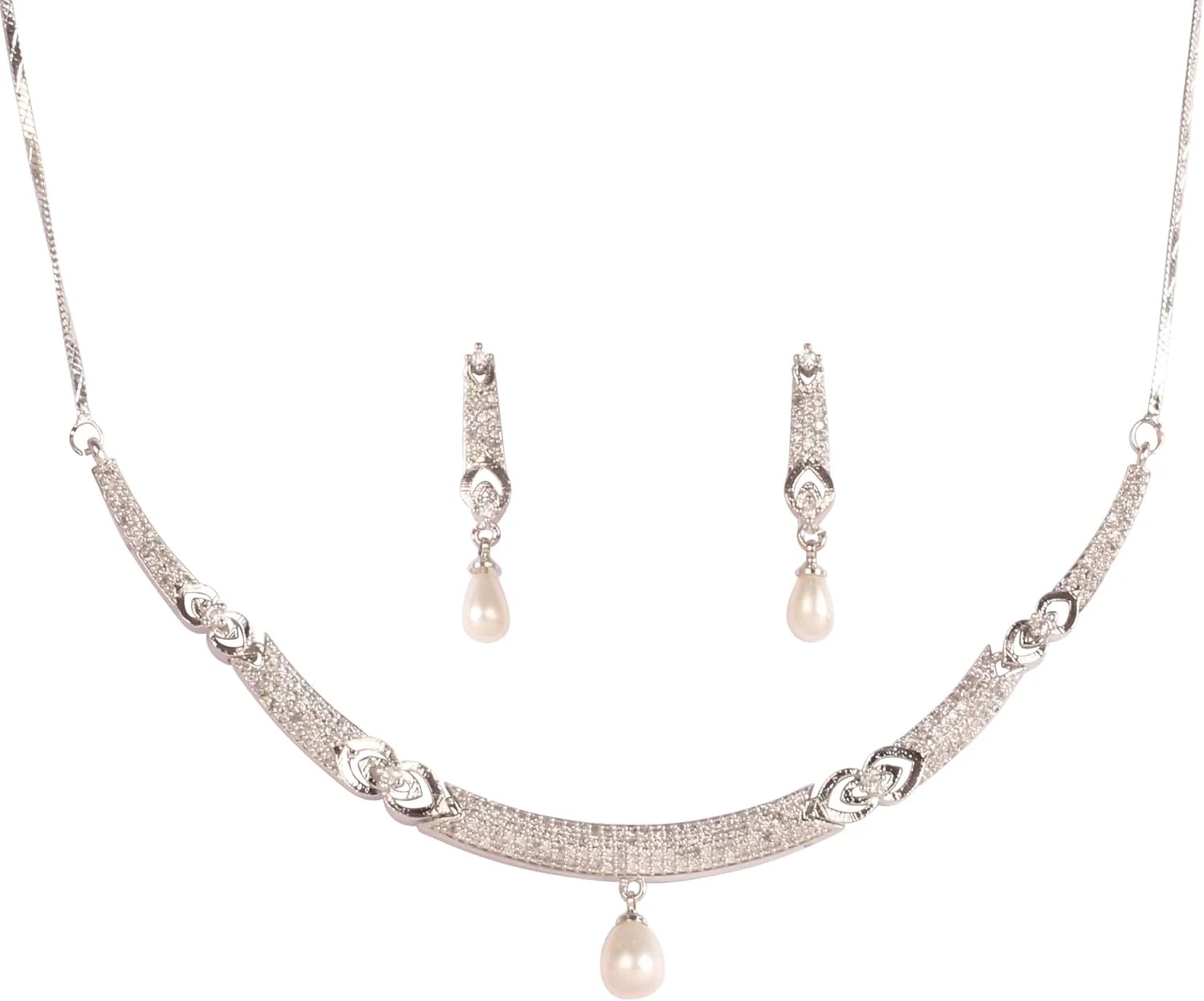 ست گردنبند ظریف زنانه با طراحی نگین کاری شده شبیه الماس، زیرکونیا، روکش طلای رزگلد یا سفید ست گردنبند ظریف زنانه با طراحی نگین کاری شده شبیه الماس، زیرکونیا، روکش طلای رزگلد یا سفید