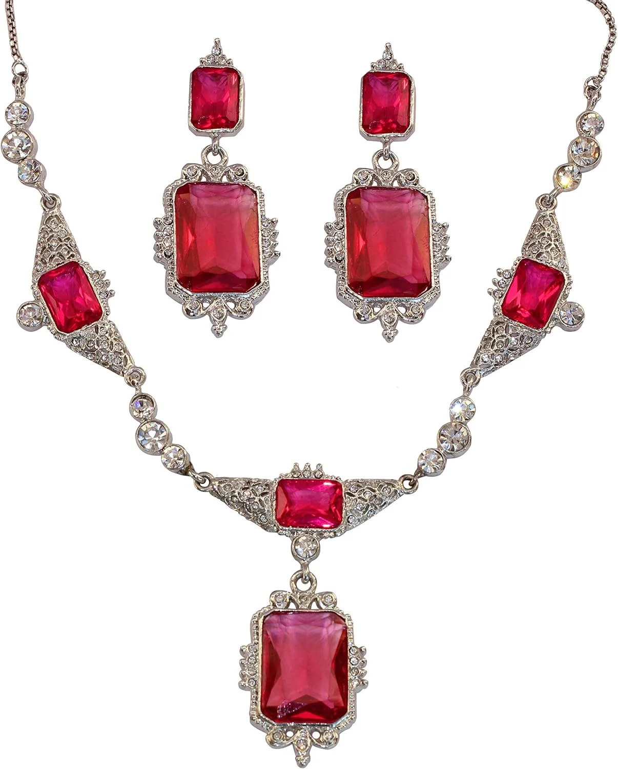 ست گردنبند نقره ای با سنگ شیشه ای صورتی مستطیلی تاچ استون زنانه ست گردنبند نقره ای با سنگ شیشه ای صورتی مستطیلی تاچ استون زنانه