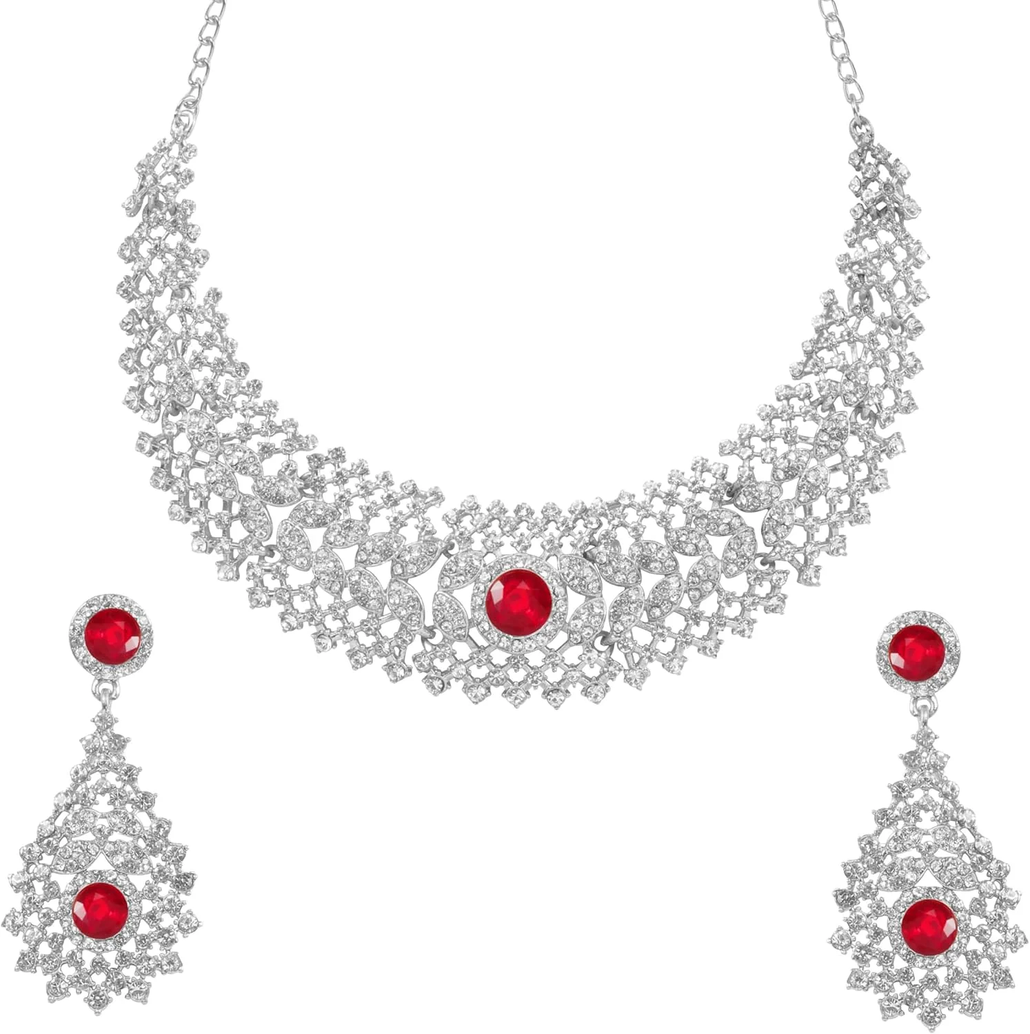 ست گردنبند مجلسی زنانه تاچ استون با نگینهای درخشان سفید و یاقوتهای مصنوعی قرمز، طراحی فاخر و نقرهای رنگ ست گردنبند مجلسی زنانه تاچ استون با نگینهای درخشان سفید و یاقوتهای مصنوعی قرمز، طراحی فاخر و نقرهای رنگ