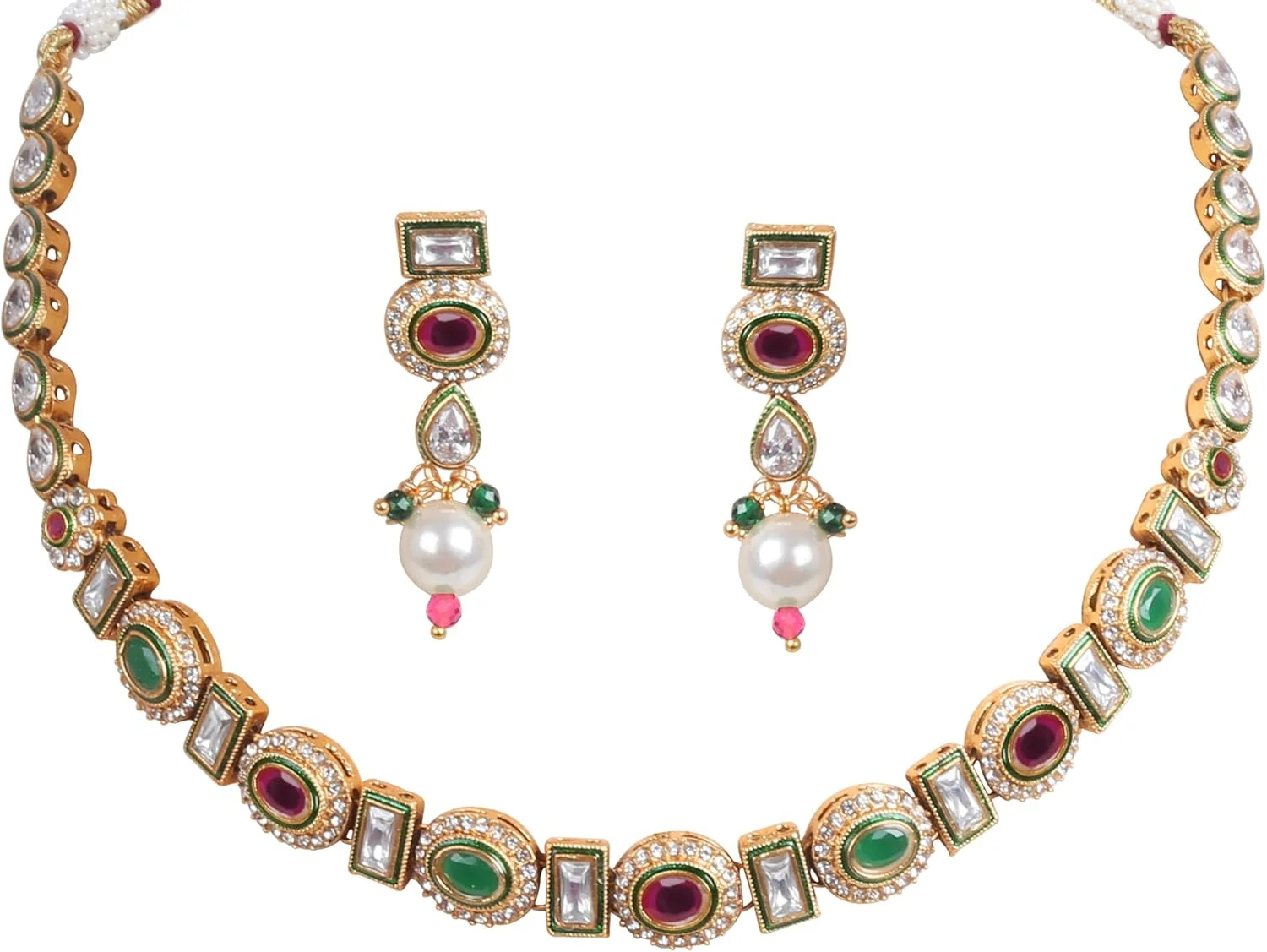 گردنبند و گوشواره زنانه طرح طلا با نگین های اتمی گرد، گلابی و مستطیلی، زیرکونیا، یاقوت مصنوعی و زمرد گردنبند و گوشواره زنانه طرح طلا با نگین های اتمی گرد، گلابی و مستطیلی، زیرکونیا، یاقوت مصنوعی و زمرد