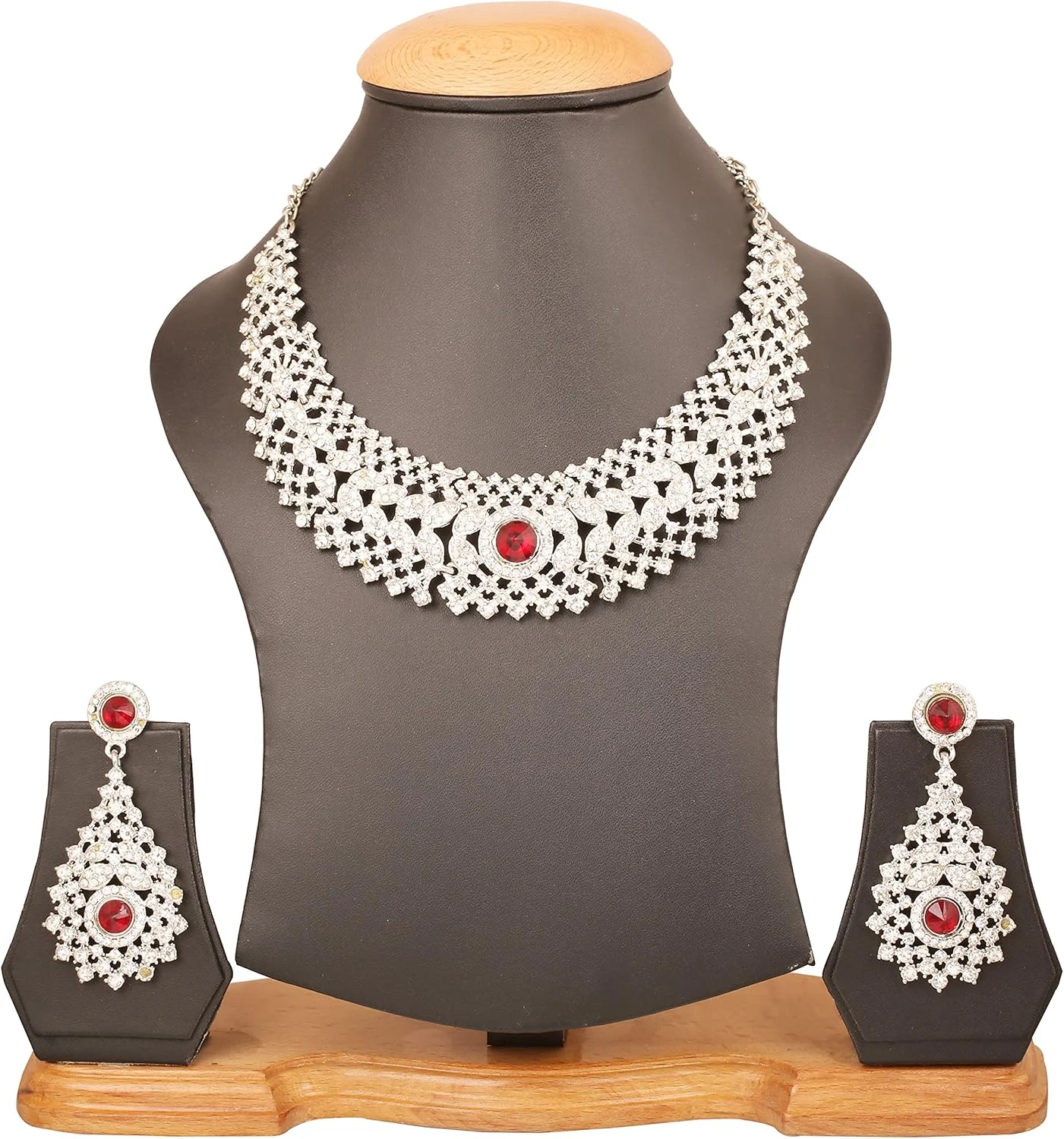 ست گردنبند مجلسی زنانه تاچ استون با نگینهای درخشان سفید و یاقوتهای مصنوعی قرمز، طراحی فاخر و نقرهای رنگ ست گردنبند مجلسی زنانه تاچ استون با نگینهای درخشان سفید و یاقوتهای مصنوعی قرمز، طراحی فاخر و نقرهای رنگ