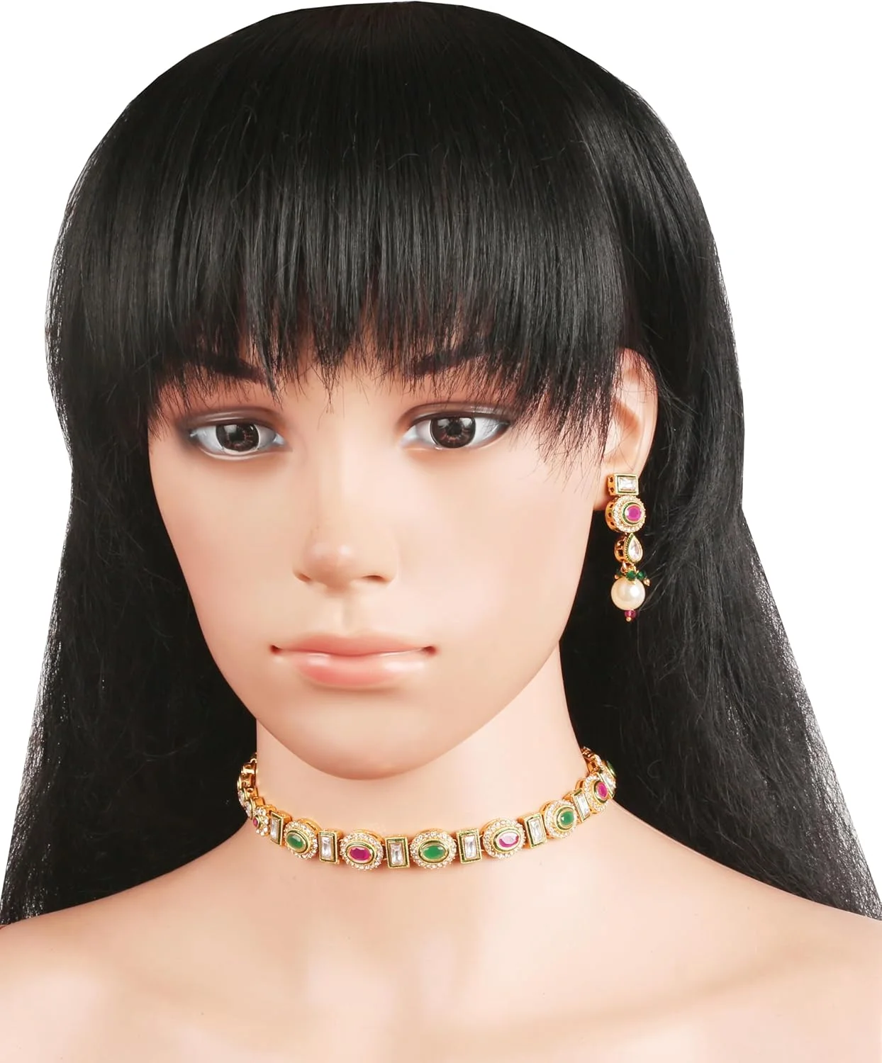 گردنبند و گوشواره زنانه طرح طلا با نگین های اتمی گرد، گلابی و مستطیلی، زیرکونیا، یاقوت مصنوعی و زمرد