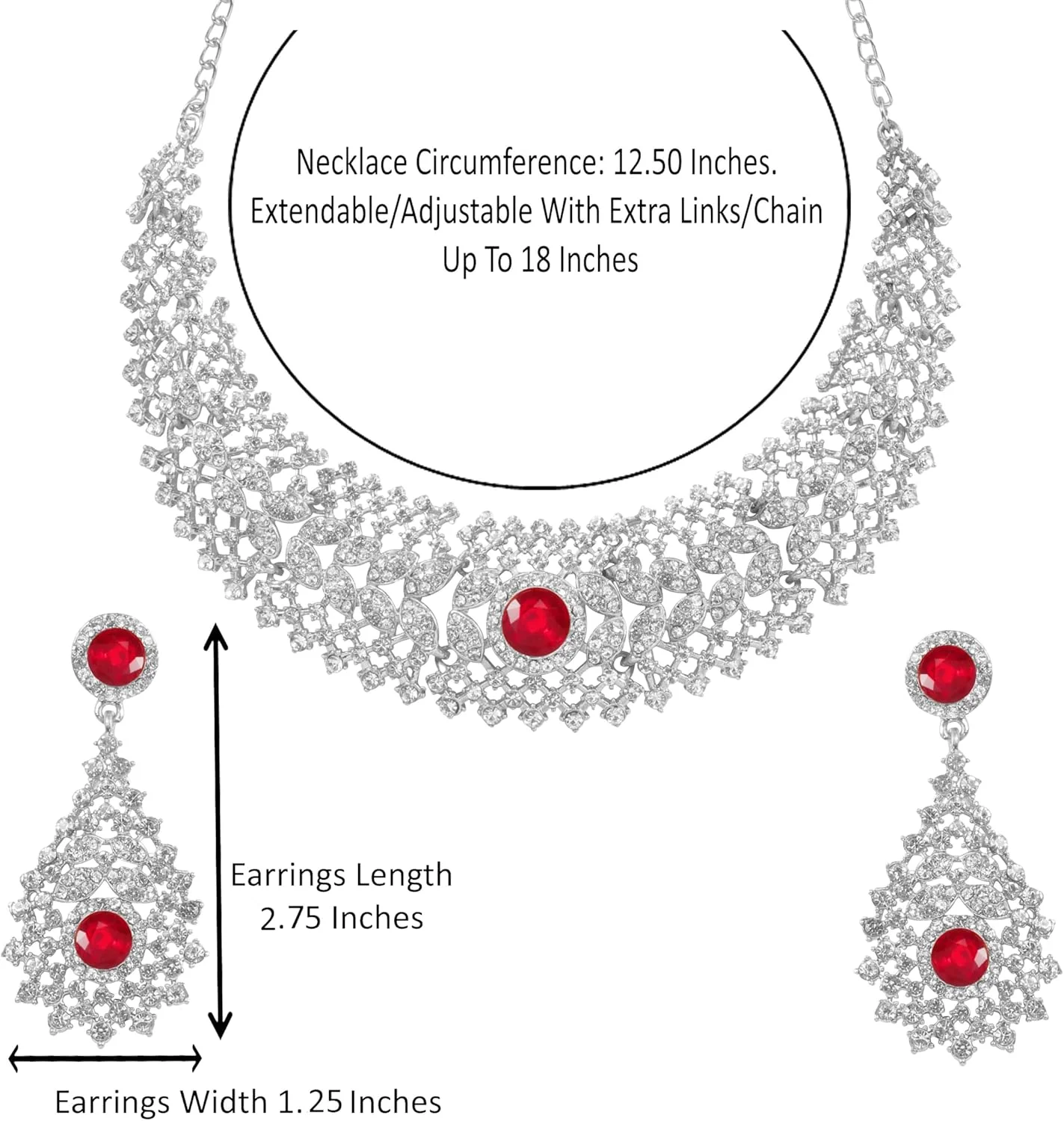 ست گردنبند مجلسی زنانه تاچ استون با نگینهای درخشان سفید و یاقوتهای مصنوعی قرمز، طراحی فاخر و نقرهای رنگ ست گردنبند مجلسی زنانه تاچ استون با نگینهای درخشان سفید و یاقوتهای مصنوعی قرمز، طراحی فاخر و نقرهای رنگ