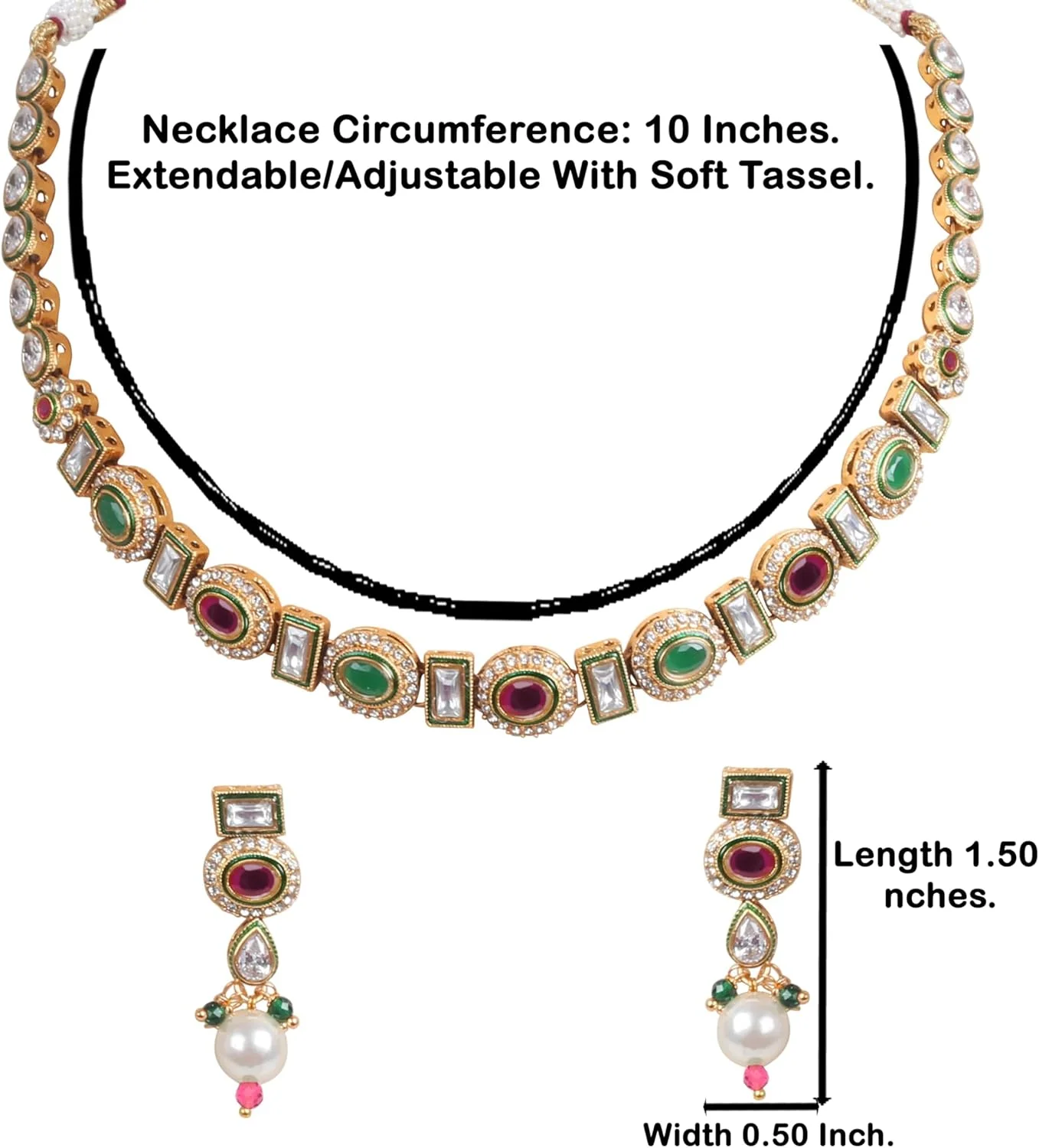 گردنبند و گوشواره زنانه طرح طلا با نگین های اتمی گرد، گلابی و مستطیلی، زیرکونیا، یاقوت مصنوعی و زمرد