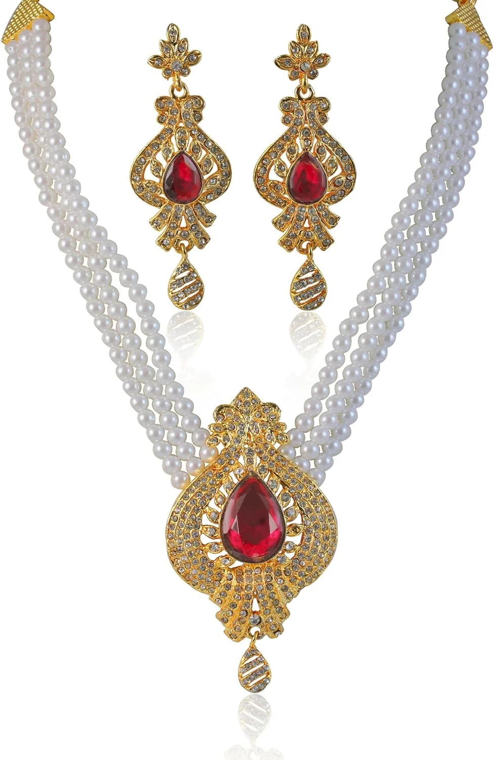 تاچ استون ست گردنبند رانی هار زنانه با نگین های یاقوت سرخ مصنوعی، زمرد و مرواریدهای مصنوعی سفید، طراحی سنتی و زیبا به رنگ طلایی عتیقه تاچ استون ست گردنبند رانی هار زنانه با نگین های یاقوت سرخ مصنوعی، زمرد و مرواریدهای مصنوعی سفید، طراحی سنتی و زیبا به رنگ طلایی عتیقه