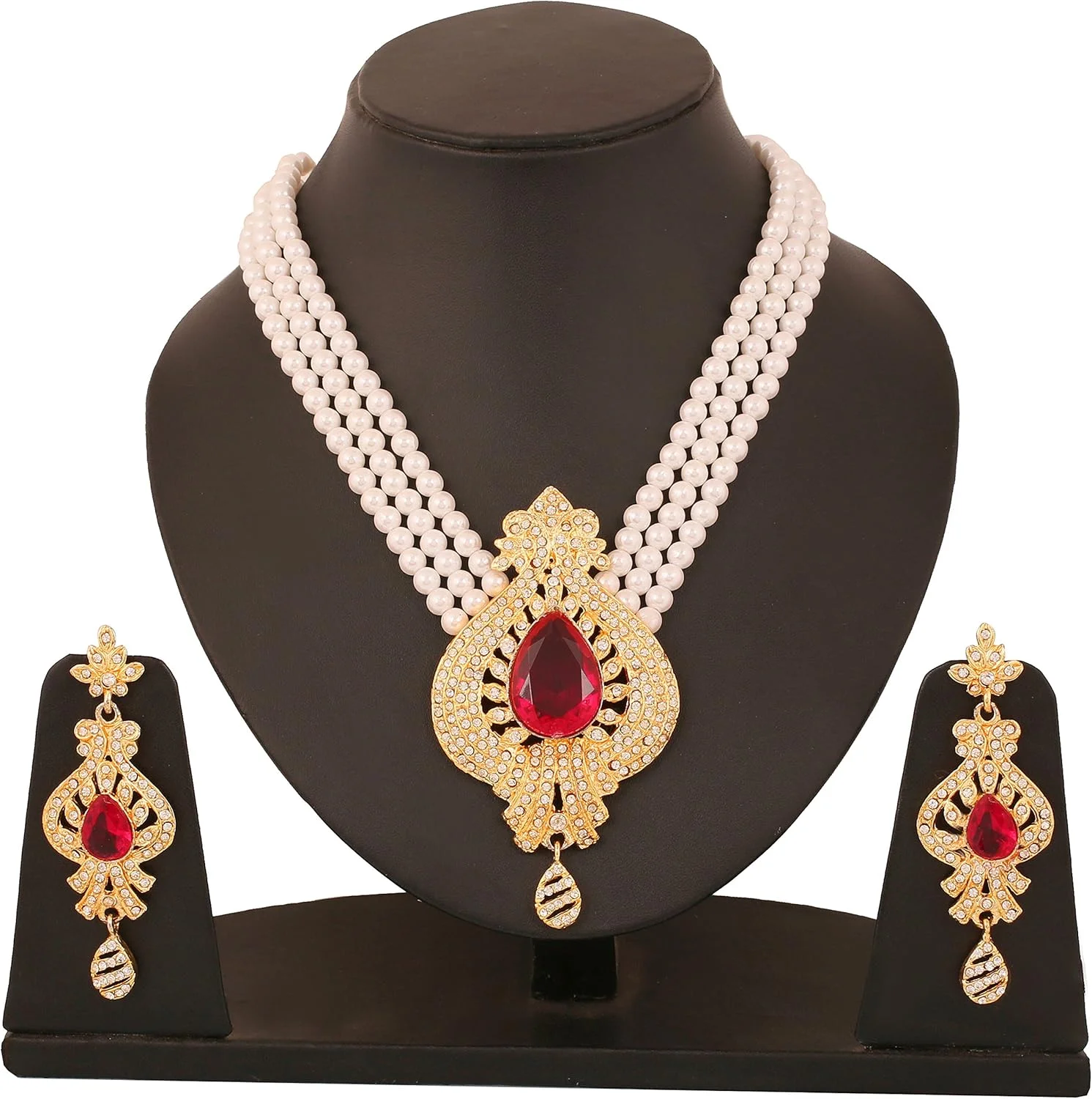 تاچ استون ست گردنبند رانی هار زنانه با نگین های یاقوت سرخ مصنوعی، زمرد و مرواریدهای مصنوعی سفید، طراحی سنتی و زیبا به رنگ طلایی عتیقه تاچ استون ست گردنبند رانی هار زنانه با نگین های یاقوت سرخ مصنوعی، زمرد و مرواریدهای مصنوعی سفید، طراحی سنتی و زیبا به رنگ طلایی عتیقه