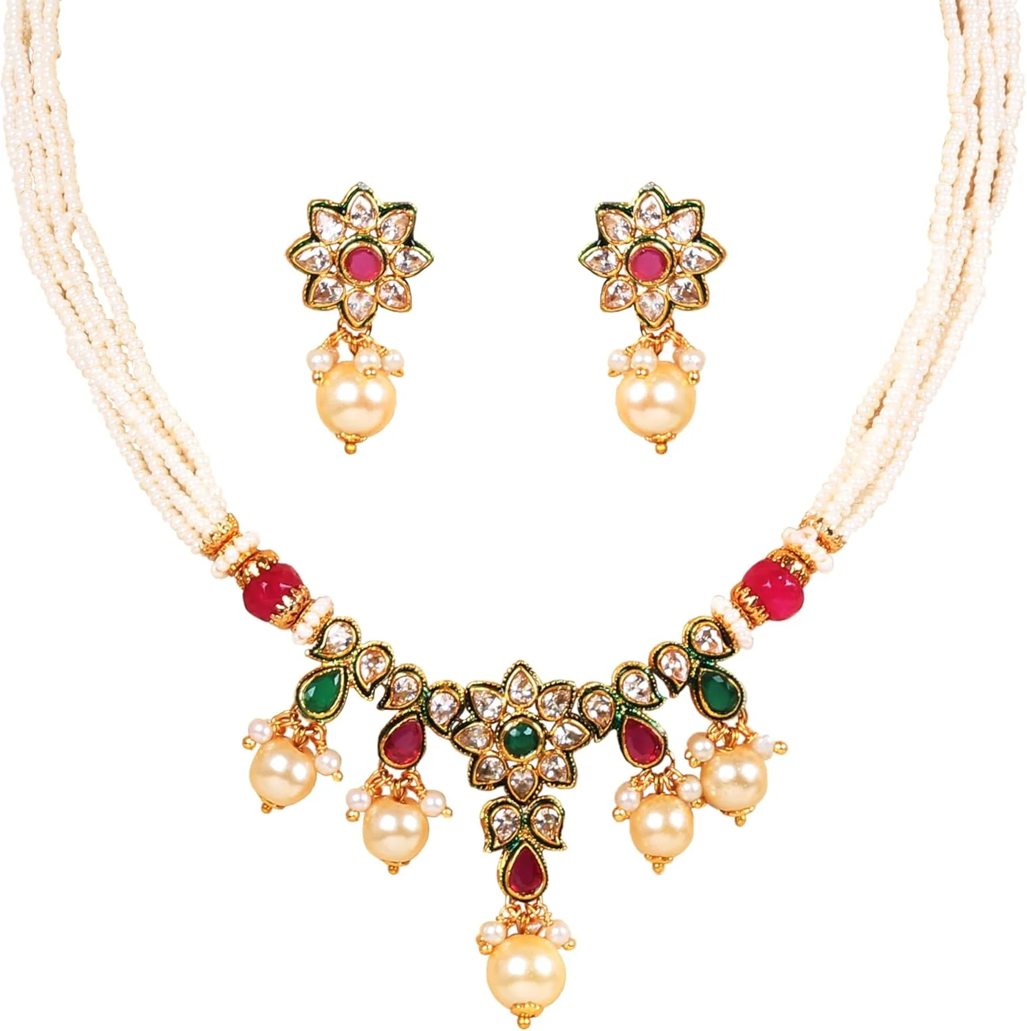 ست گردنبند جواهرات طرح هندی تاچ استون با طرح گل و بوته، میناکاری شده، نگین های اتمی، زیرکونیا، یاقوت مصنوعی، زمرد و مروارید، با روکش طلای آنتیک برای بانوان ست گردنبند جواهرات طرح هندی تاچ استون با طرح گل و بوته، میناکاری شده، نگین های اتمی، زیرکونیا، یاقوت مصنوعی، زمرد و مروارید، با روکش طلای آنتیک برای بانوان