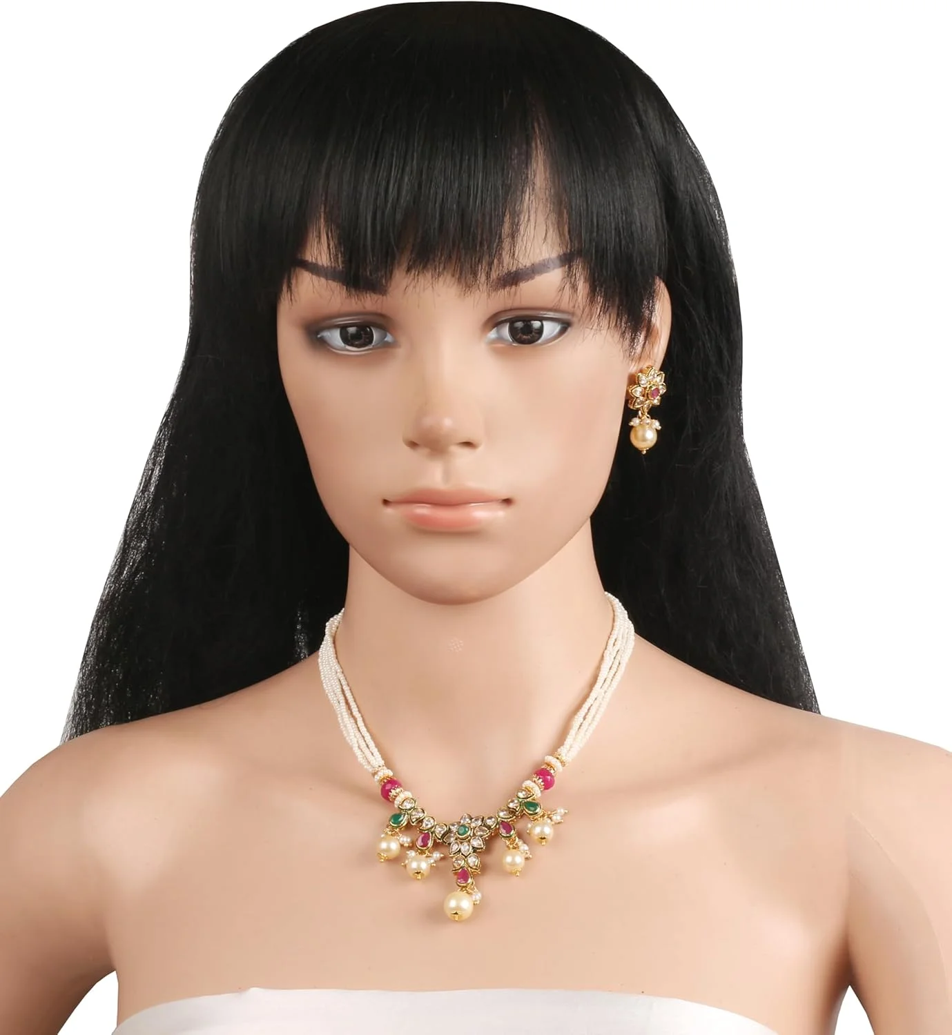 ست گردنبند جواهرات طرح هندی تاچ استون با طرح گل و بوته، میناکاری شده، نگین های اتمی، زیرکونیا، یاقوت مصنوعی، زمرد و مروارید، با روکش طلای آنتیک برای بانوان ست گردنبند جواهرات طرح هندی تاچ استون با طرح گل و بوته، میناکاری شده، نگین های اتمی، زیرکونیا، یاقوت مصنوعی، زمرد و مروارید، با روکش طلای آنتیک برای بانوان